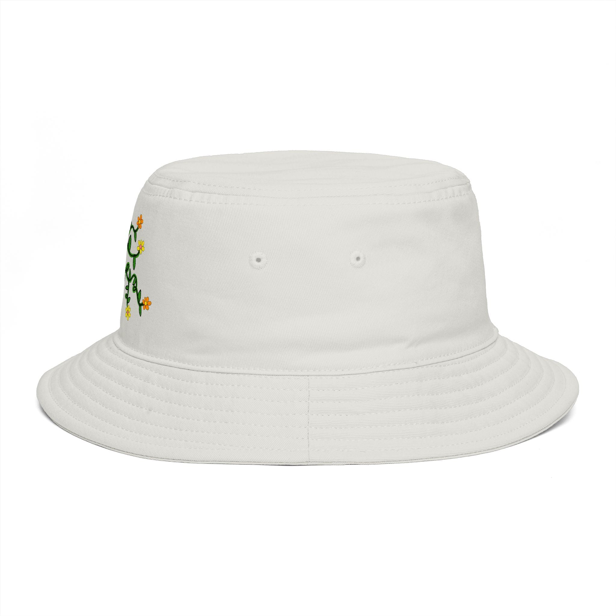 Hand-Drawn Yellow Orange Pink Flowers on Green Vine Bucket Hat | Floral Summer Hat