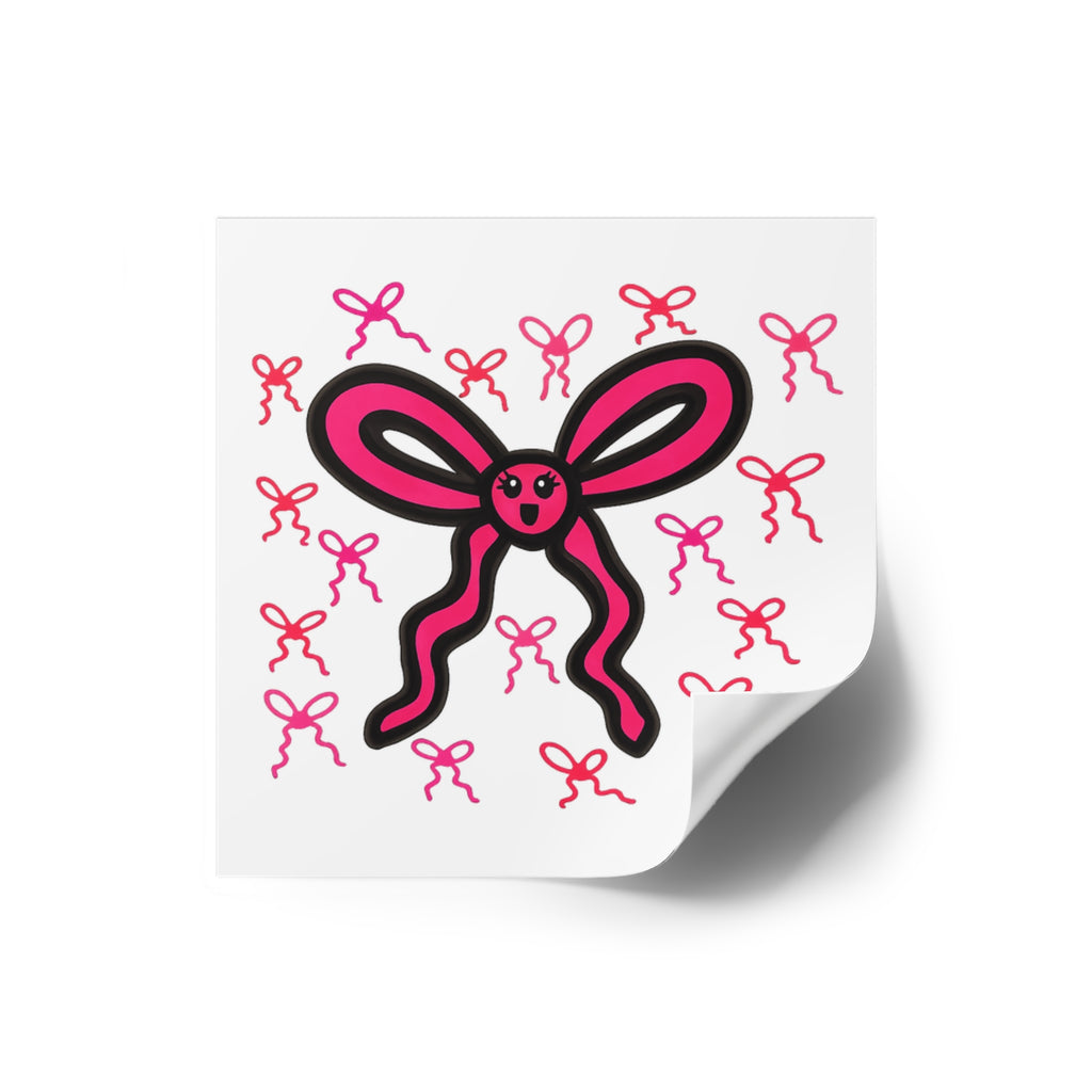 Hand-Drawn Pink Bow Character Square Sticker | Indoor Outdoor Vinyl Sticker