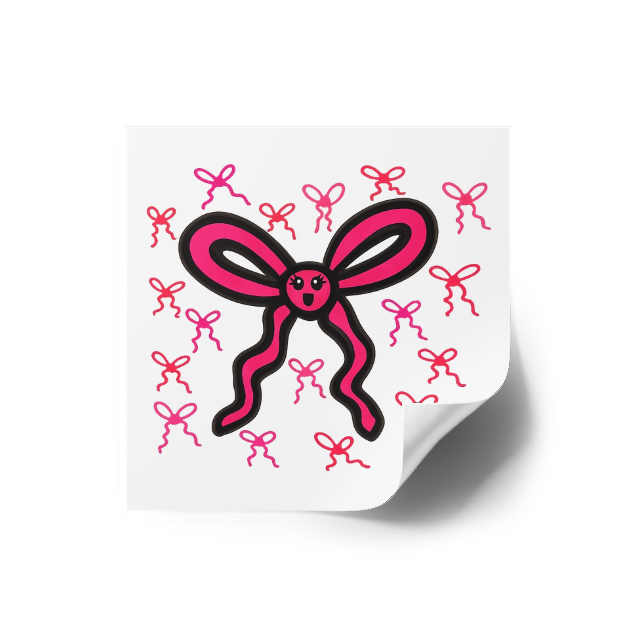 Hand-Drawn Pink Bow Character Square Sticker | Indoor Outdoor Vinyl Sticker