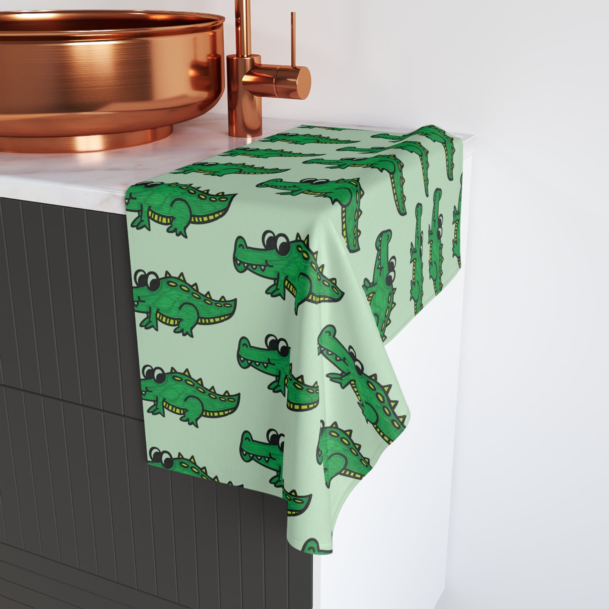 Hand-Drawn Green Crocodile Pattern Hand Towel | Cute Alligator Repeat Design
