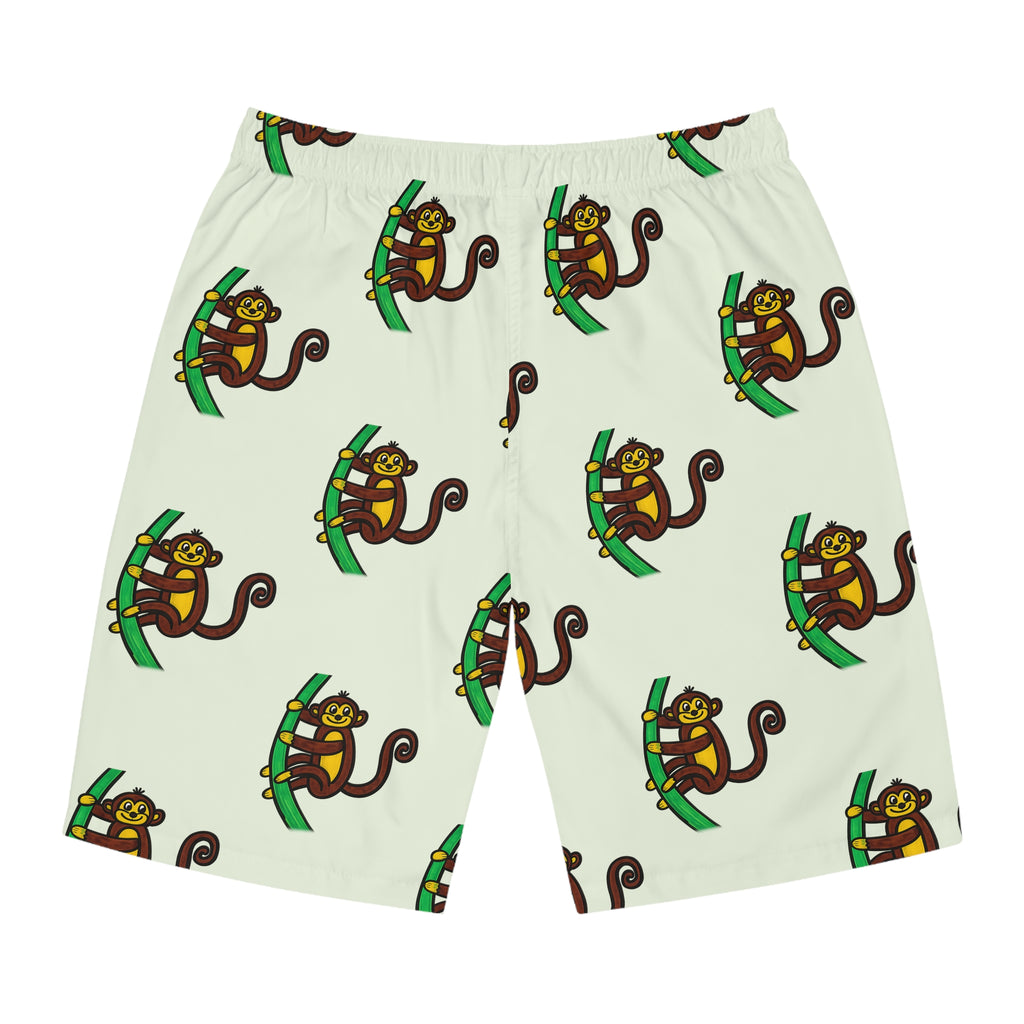 Hand-Drawn Cartoon Monkey Pattern Men's Board Shorts | Tropical Tree Swim Trunks