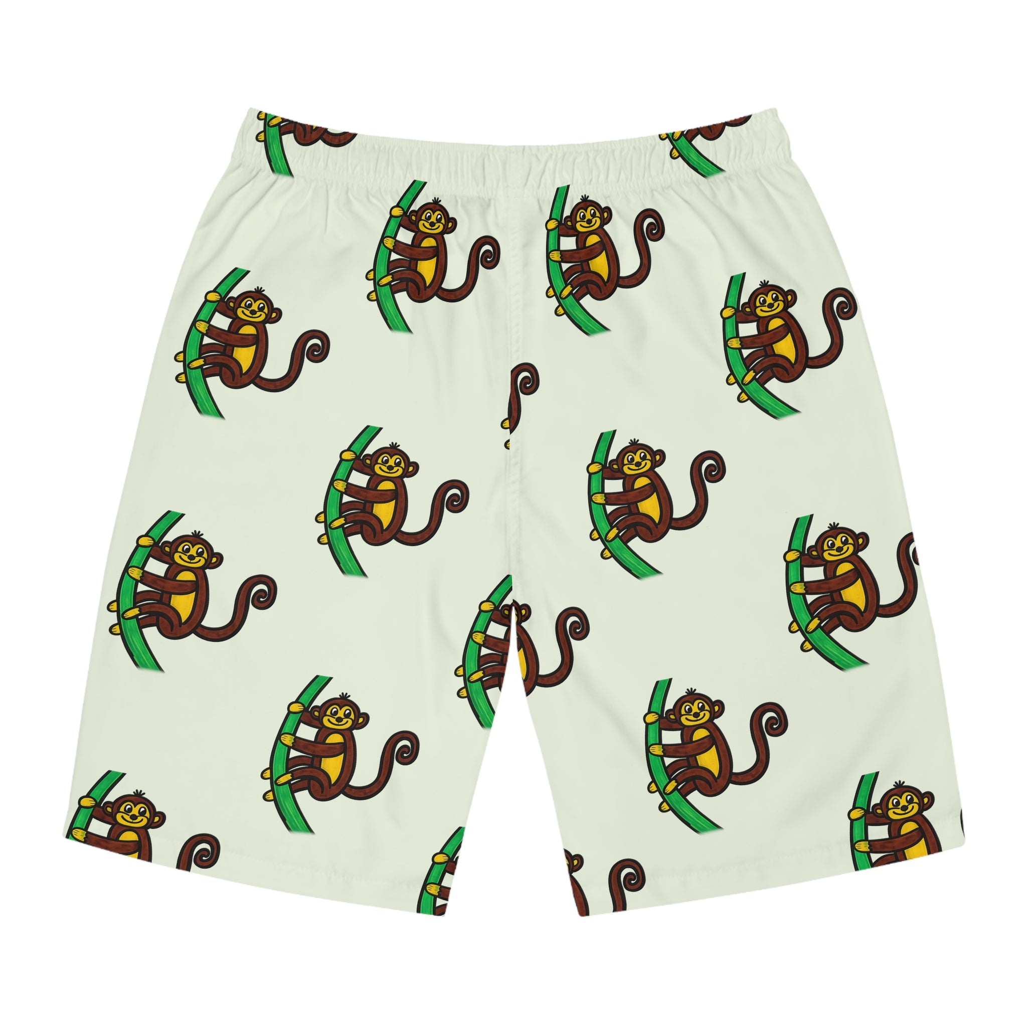 Hand-Drawn Cartoon Monkey Pattern Men's Board Shorts | Tropical Tree Swim Trunks
