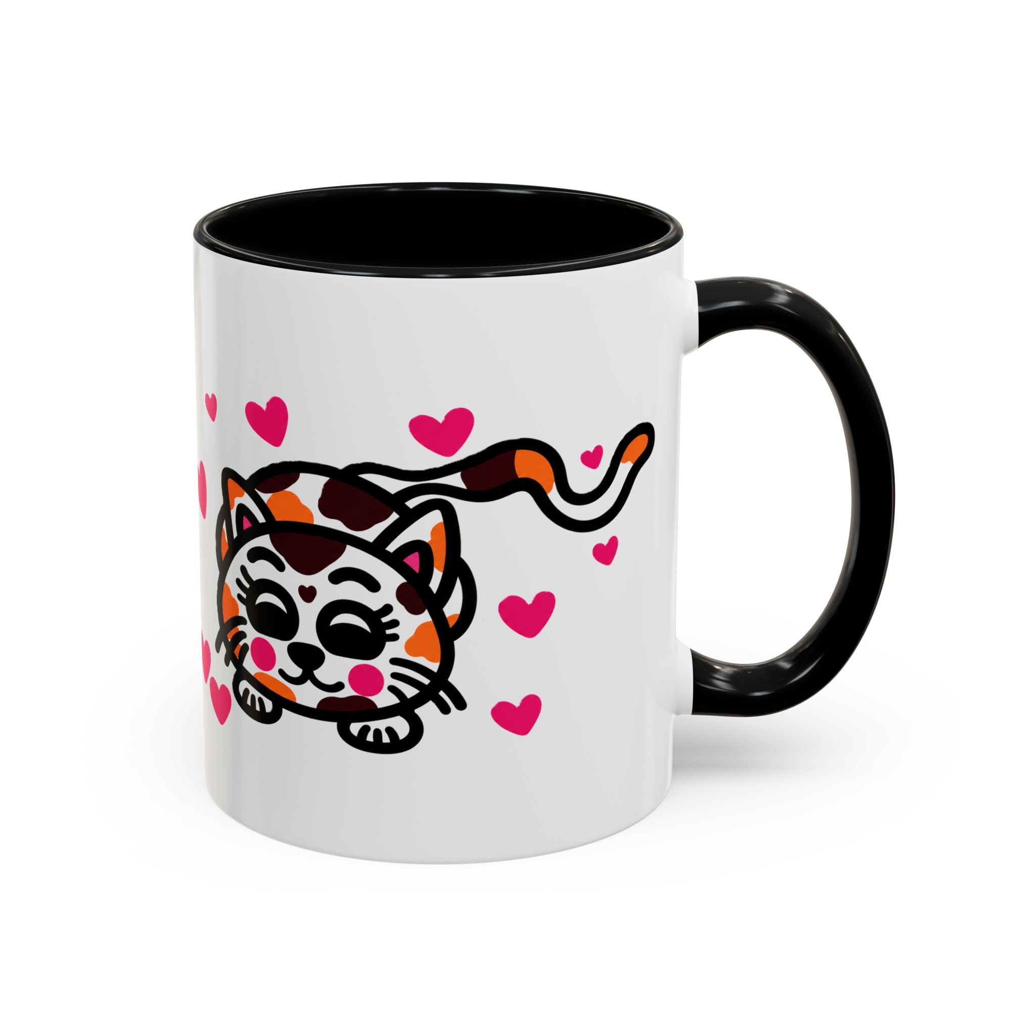 Hand-Drawn Calico Cat with Pink Hearts Mug | Accent Coffee Mug 11oz 15oz