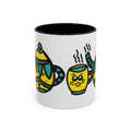 Hand-Drawn Yellow and Teal Mustache Teapot and Smiling Cup Mug | Accent Coffee Mug