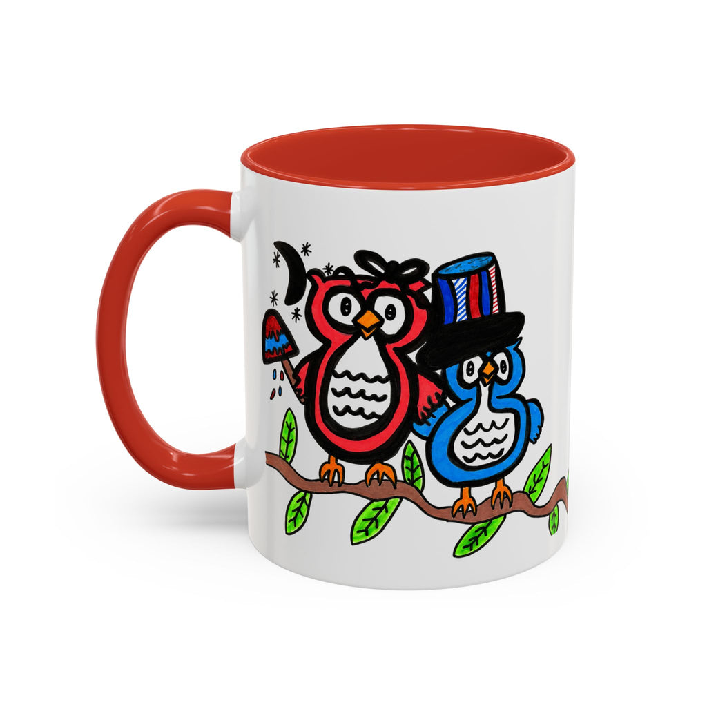 Hand-Drawn Patriotic Owls on a Branch Mug | Accent Coffee Mug 11oz 15oz