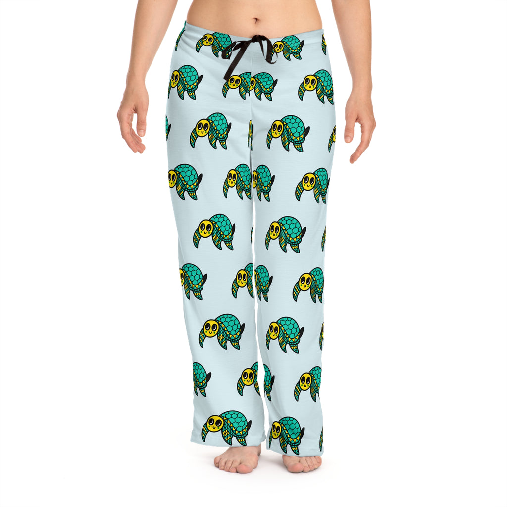 Hand-Drawn Green Sea Turtle Pattern Pajama Pants | Cute Marine Animal Print