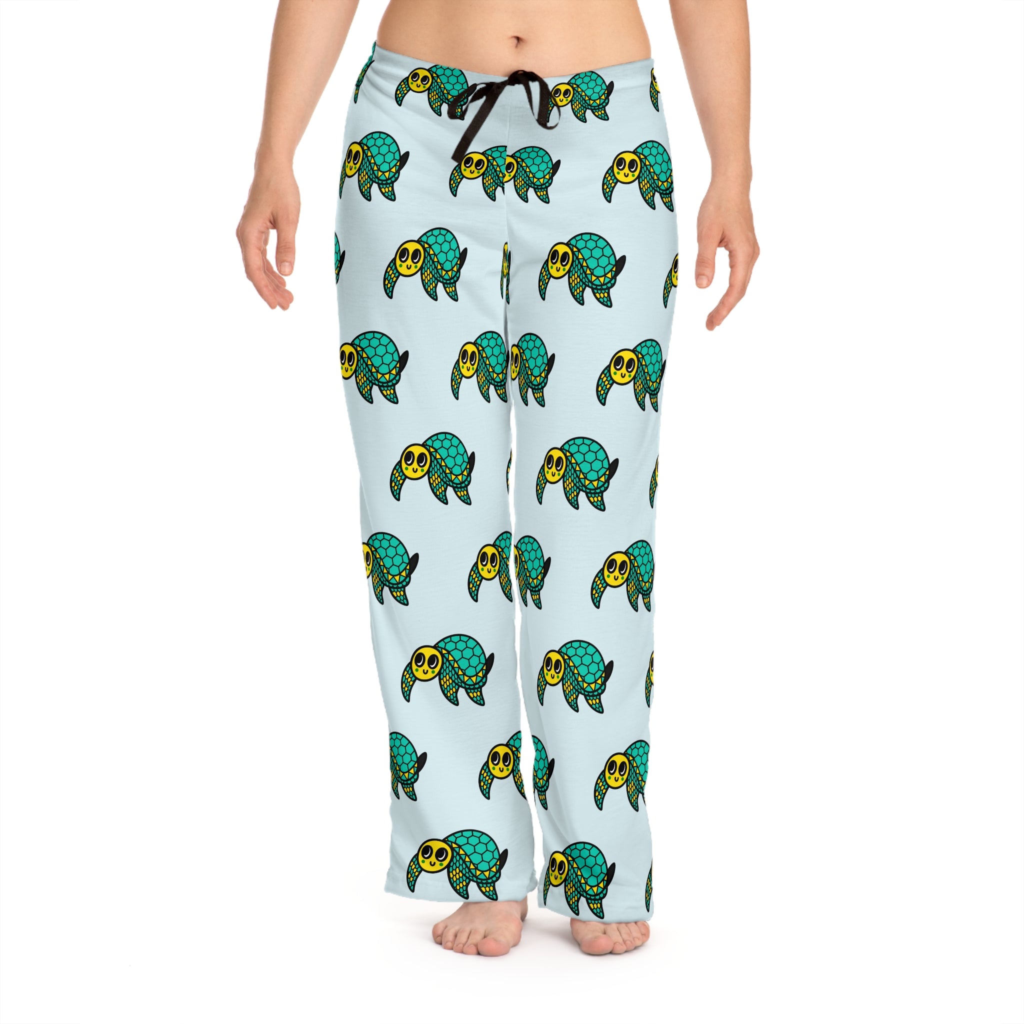 Hand-Drawn Green Sea Turtle Pattern Pajama Pants | Cute Marine Animal Print