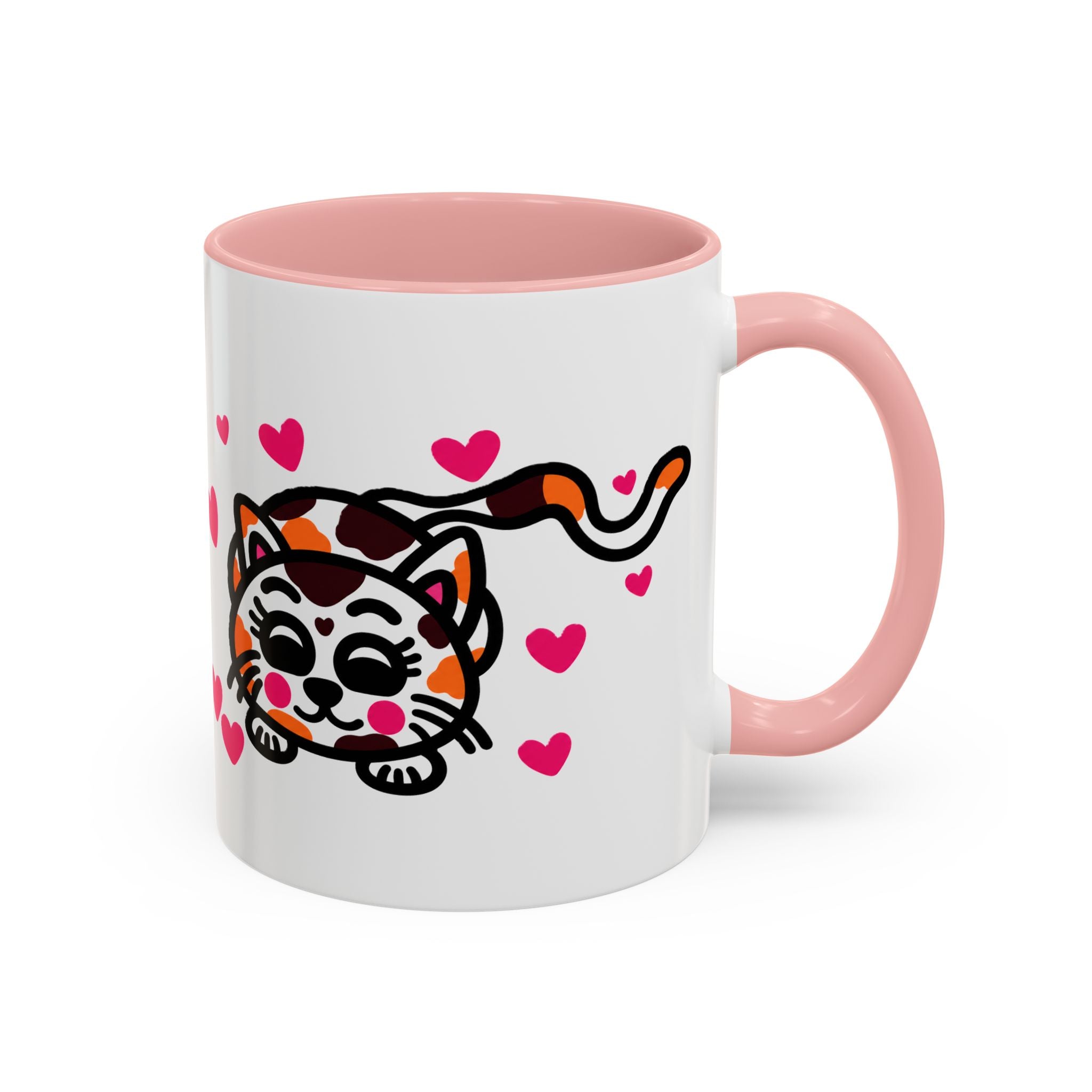 Hand-Drawn Calico Cat with Pink Hearts Mug | Accent Coffee Mug 11oz 15oz
