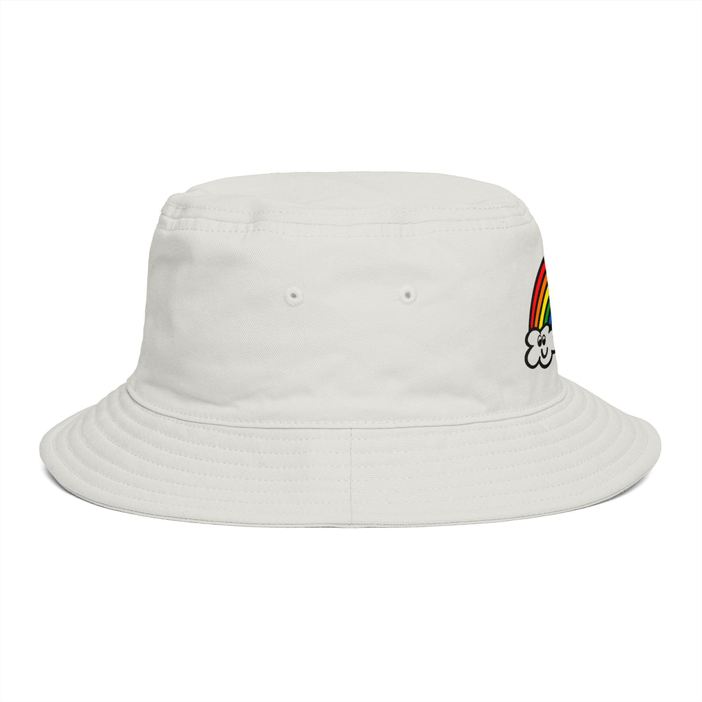 Hand-Drawn Smiling Rainbow with Clouds Bucket Hat | Cute Rainbow Design