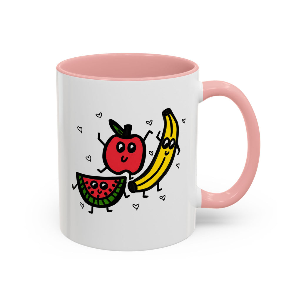 Hand-Drawn Smiling Banana Apple Watermelon Mug | Cute Fruit Faces Coffee Cup