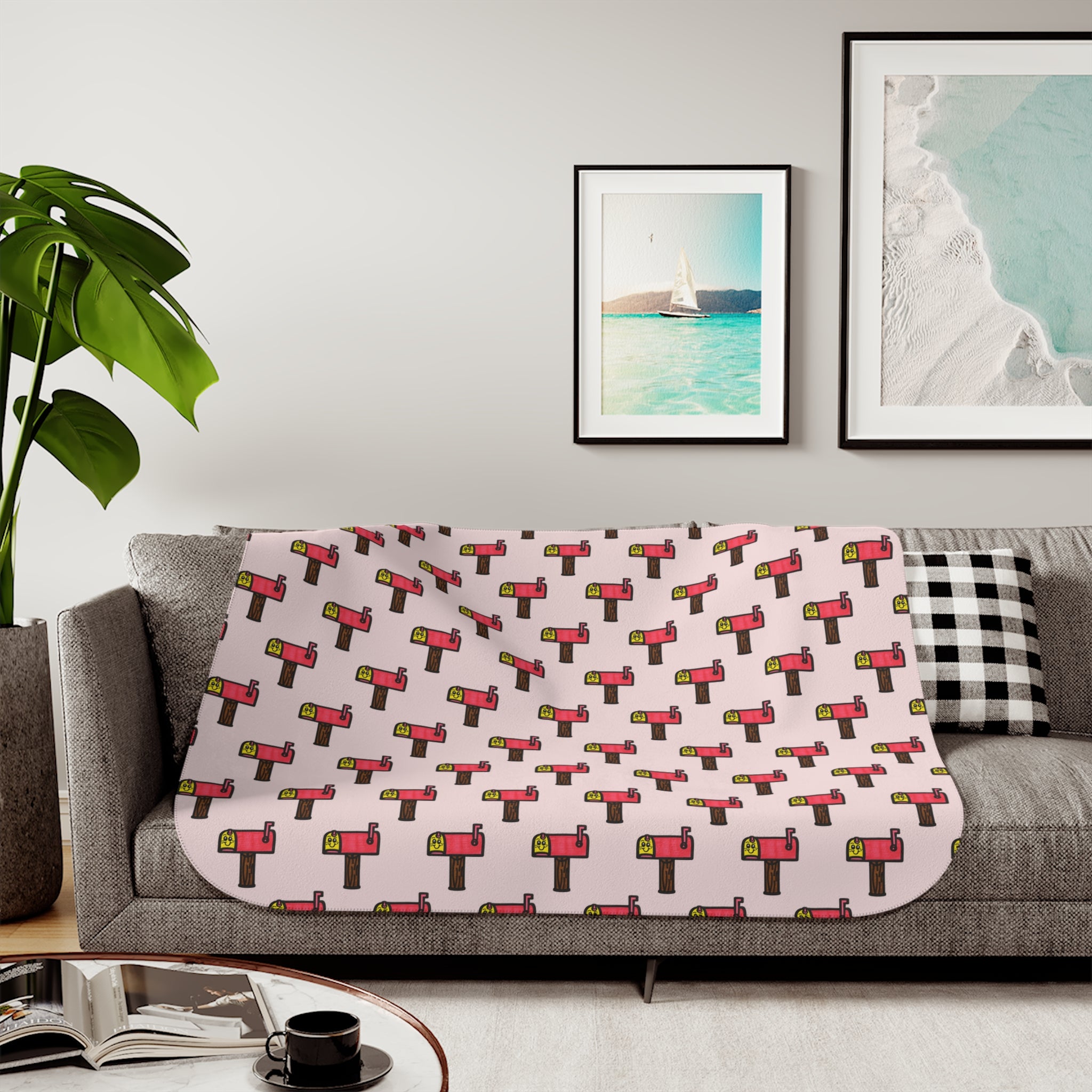 Hand-Drawn Retro Mailbox Pattern Sherpa Blanket | Cute Postal Print, Pink Background