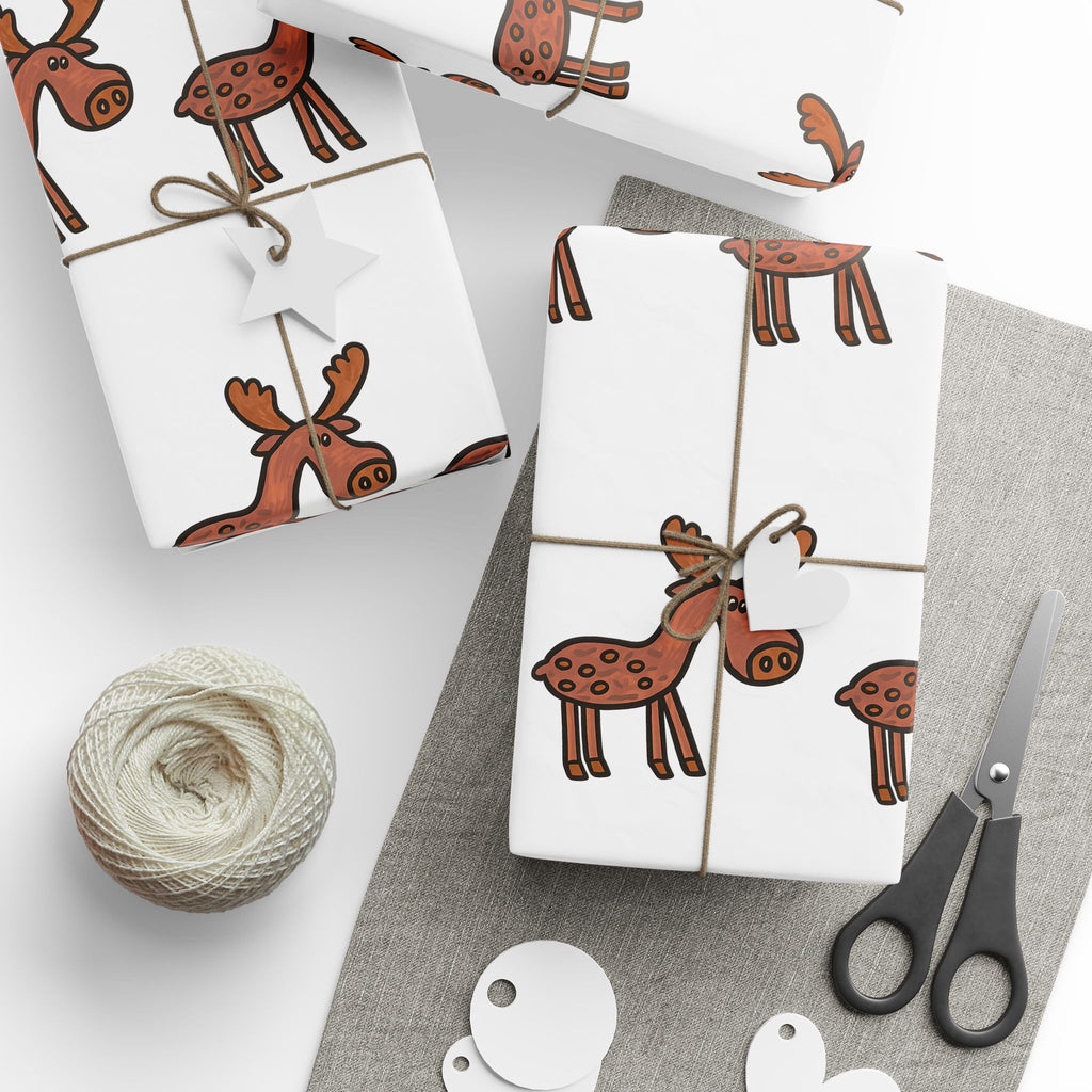 Hand-Drawn Cute Moose Pattern Wrapping Paper | Repeating Cartoon Moose Holiday Wrap