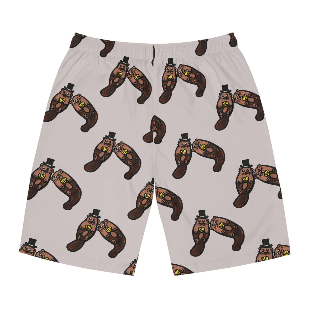 Hand-Drawn Otter Holding Yellow Seashell Pattern Board Shorts