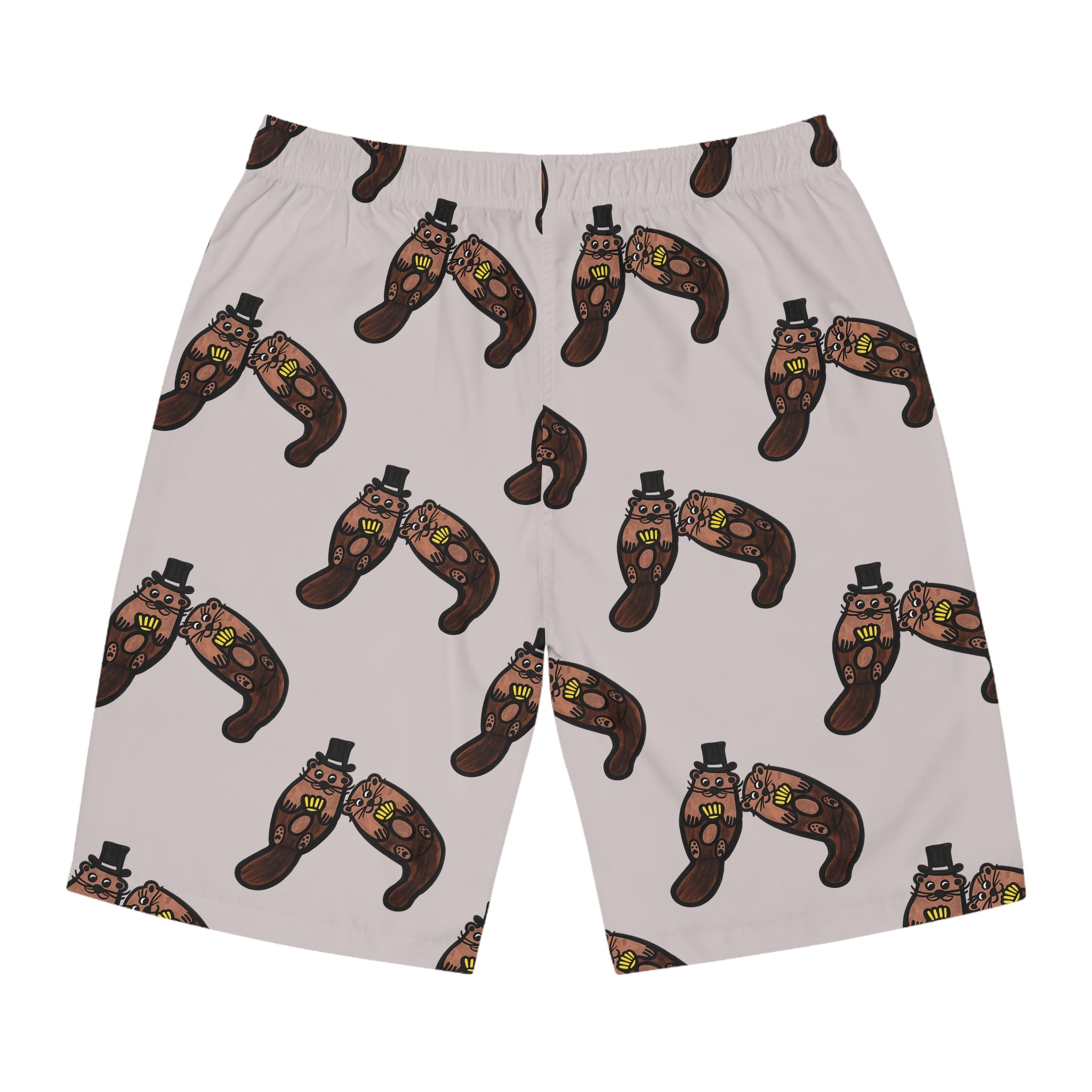 Hand-Drawn Otter Holding Yellow Seashell Pattern Board Shorts