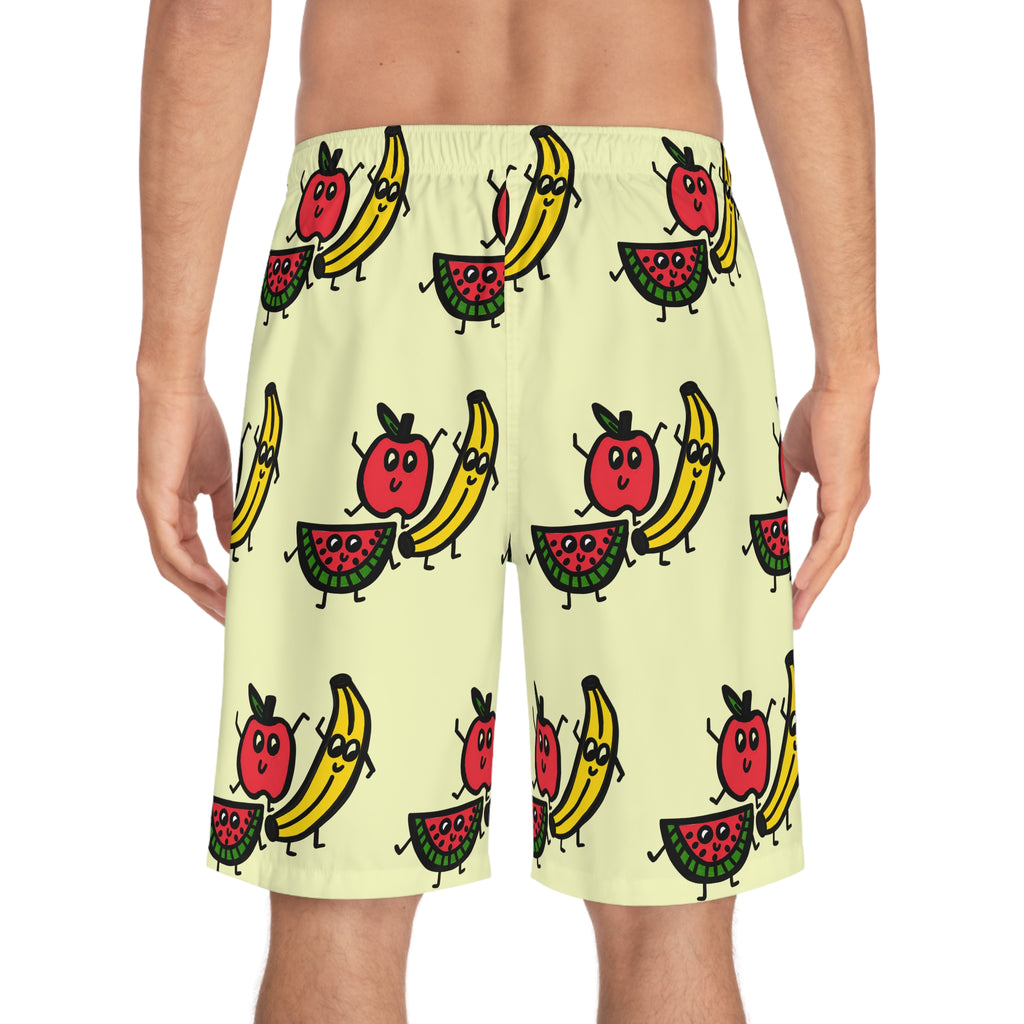 Hand-Drawn Cute Fruit Cartoon | Apple, Watermelon, and Bananas Board Shorts | All-Over Print