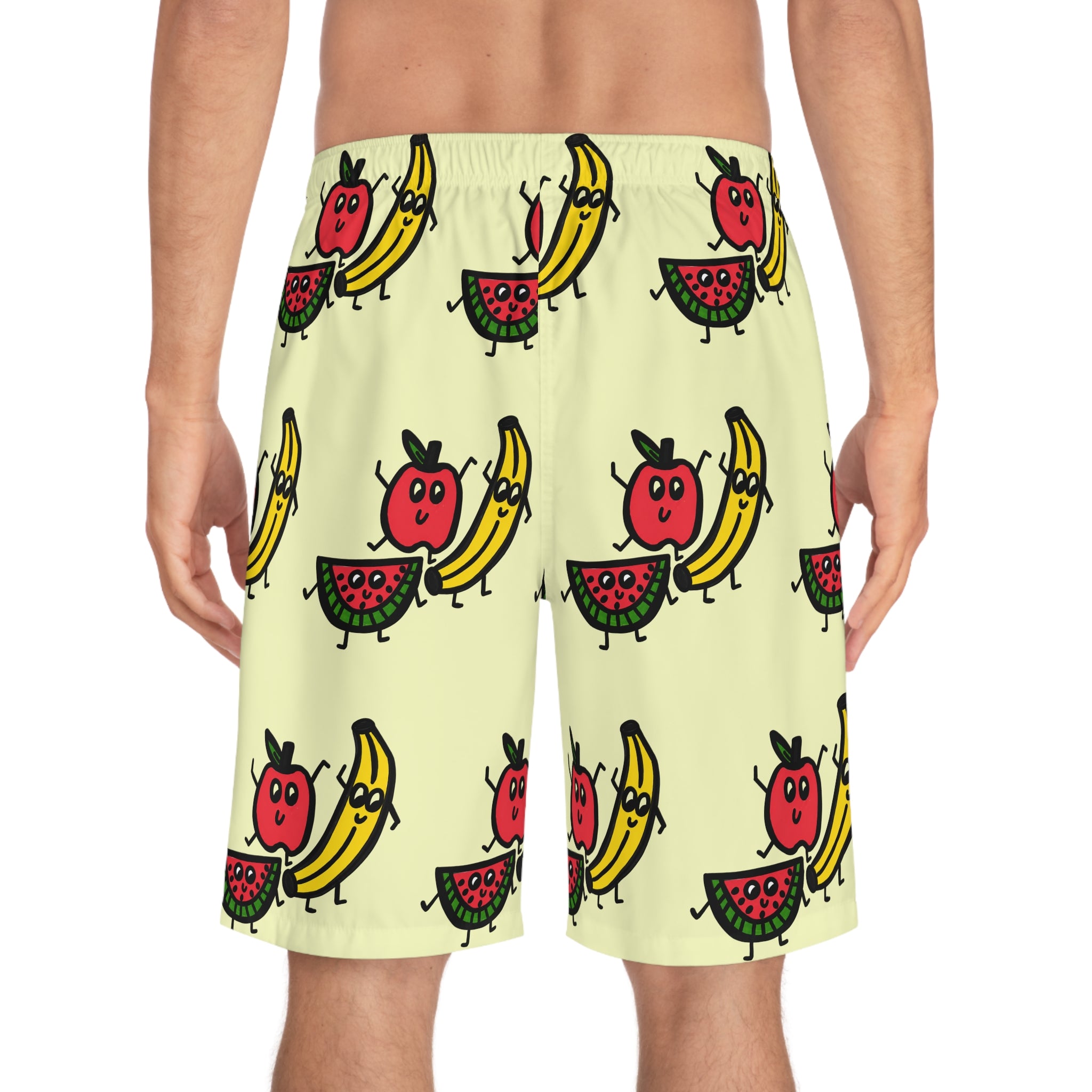 Hand-Drawn Cute Fruit Cartoon | Apple, Watermelon, and Bananas Board Shorts | All-Over Print