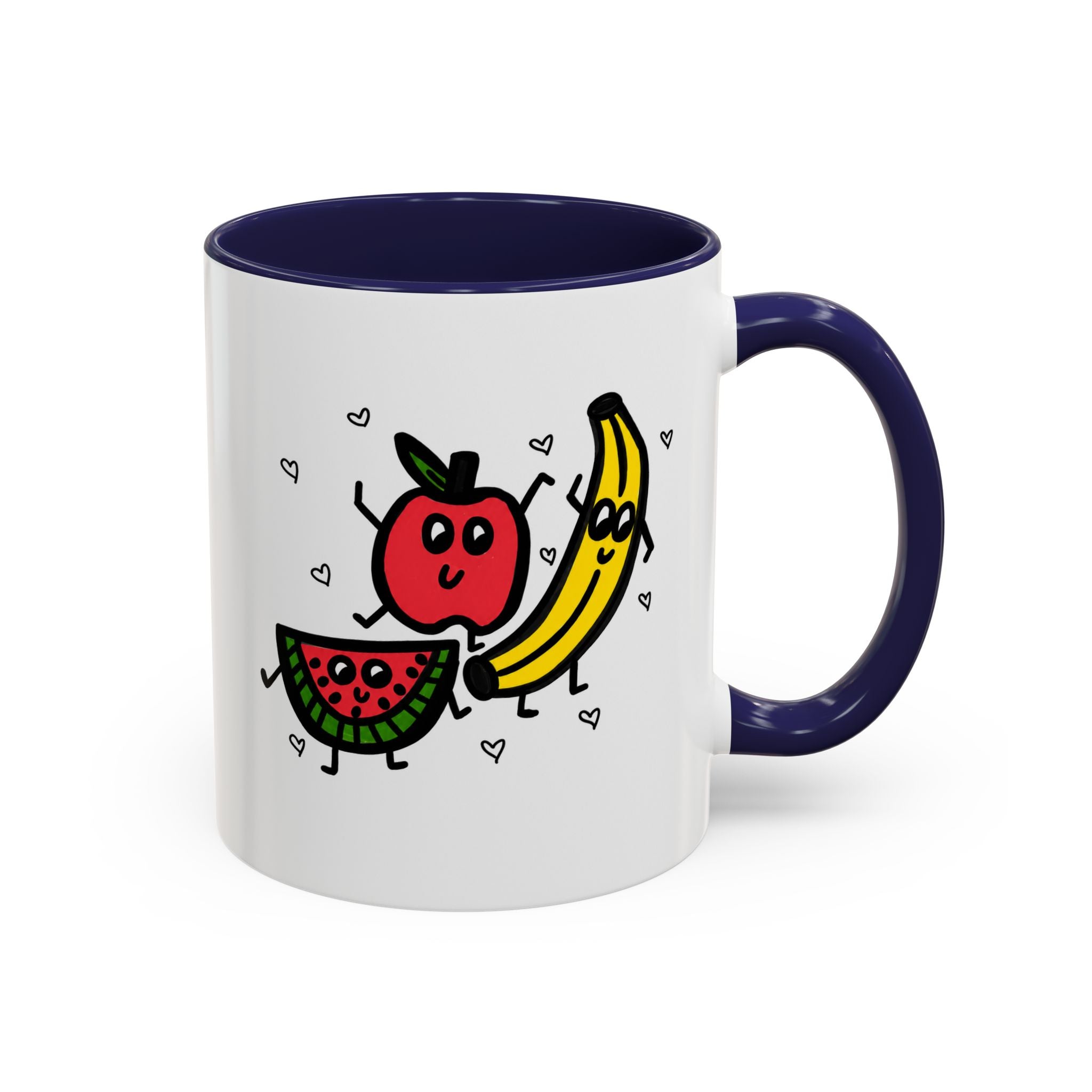 Hand-Drawn Smiling Banana Apple Watermelon Mug | Cute Fruit Faces Coffee Cup