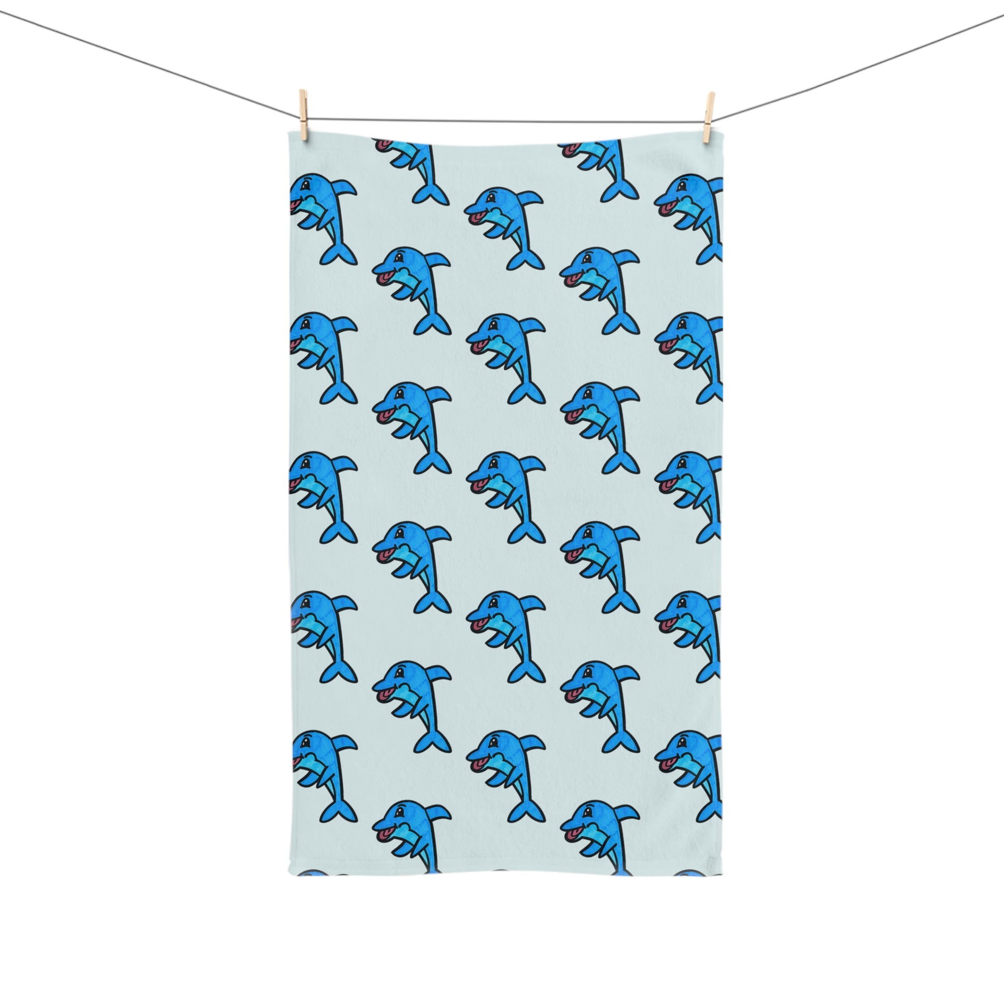 Hand-Drawn Playful Blue Dolphin Pattern Hand Towel | Nautical Beach Bath Towel