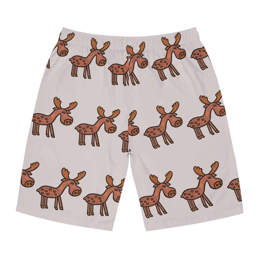 Hand-Drawn Cartoon Moose Pattern Board Shorts | Men's Swim Trunks, All-Over Print
