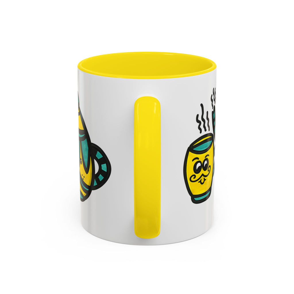 Hand-Drawn Yellow and Teal Mustache Teapot and Smiling Cup Mug | Accent Coffee Mug