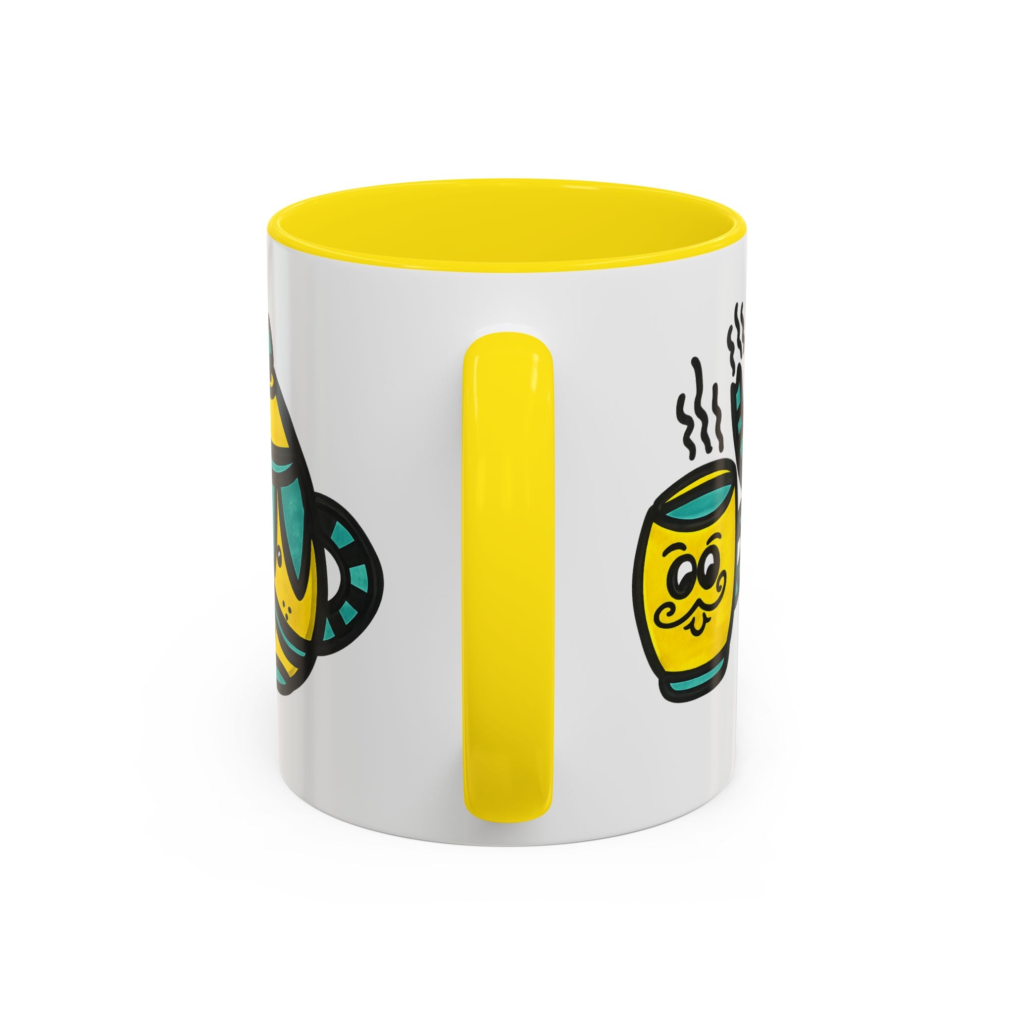 Hand-Drawn Yellow and Teal Mustache Teapot and Smiling Cup Mug | Accent Coffee Mug