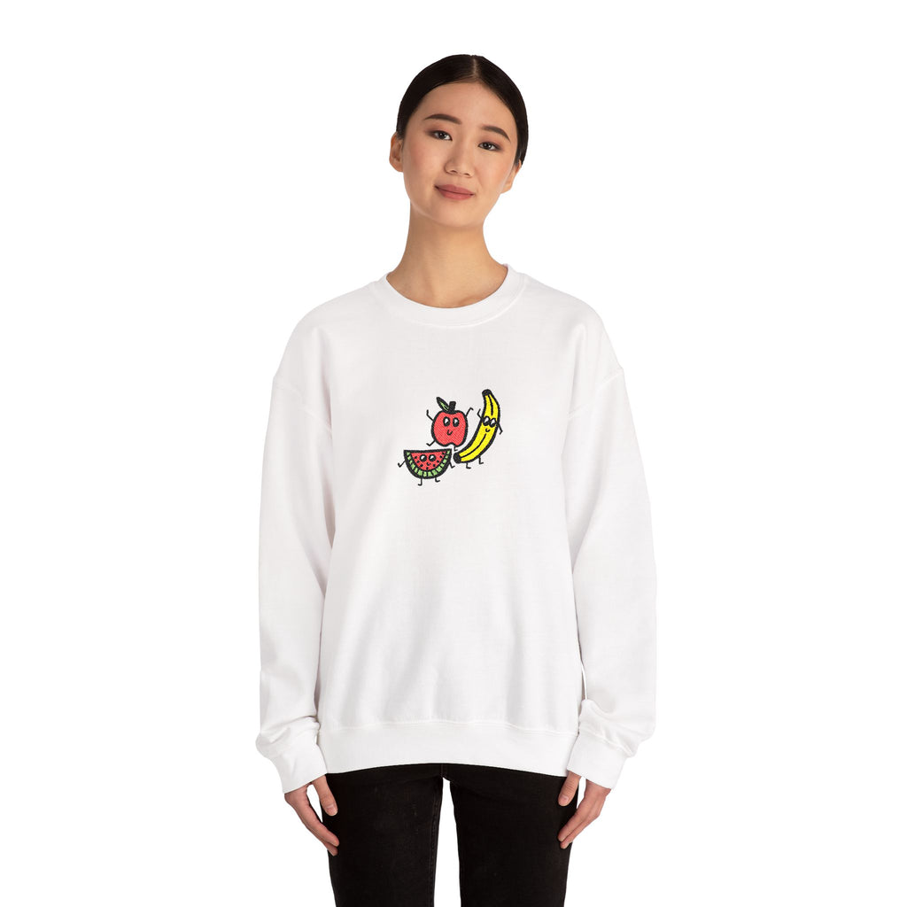 Hand-Drawn Smiling Fruit Trio Sweatshirt | Cute Watermelon Apple Banana Embroidery