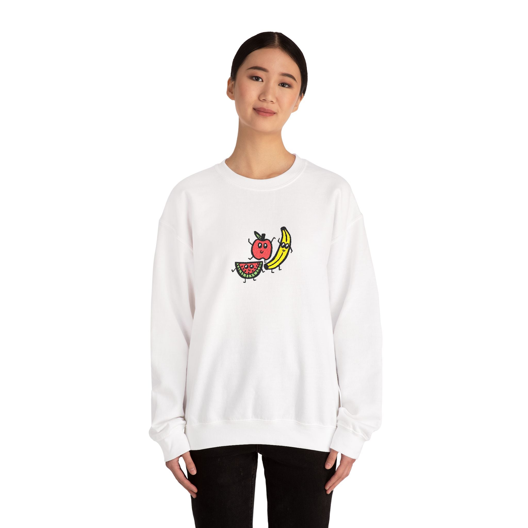 Hand-Drawn Smiling Fruit Trio Sweatshirt | Cute Watermelon Apple Banana Embroidery