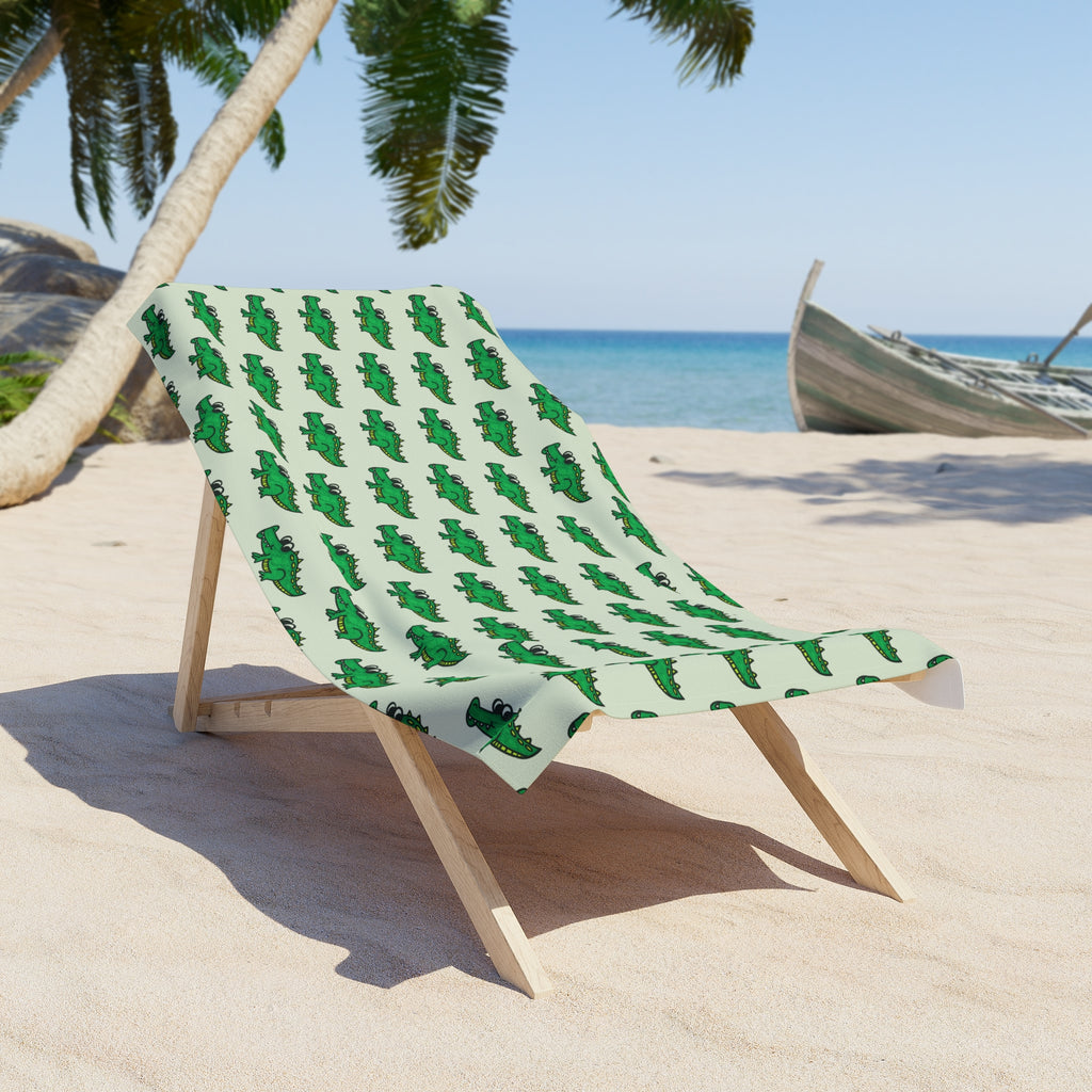 Hand-Drawn Green Crocodile Pattern Beach Towel | Tropical Alligator Repeat