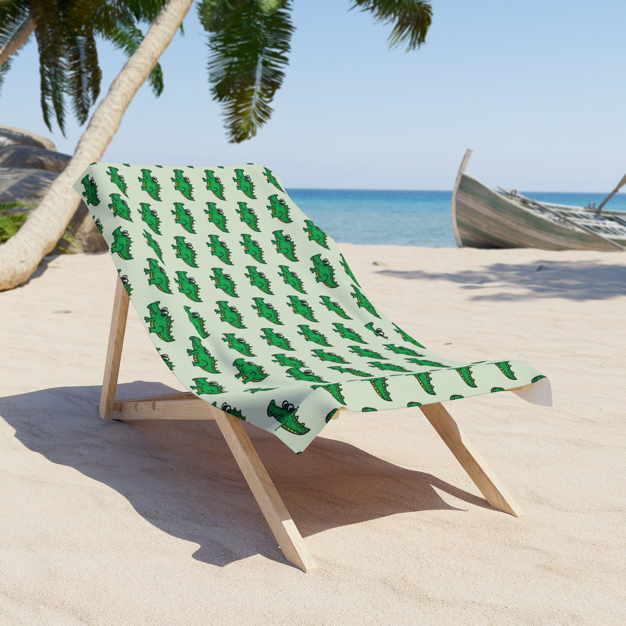 Hand-Drawn Green Crocodile Pattern Beach Towel | Tropical Alligator Repeat