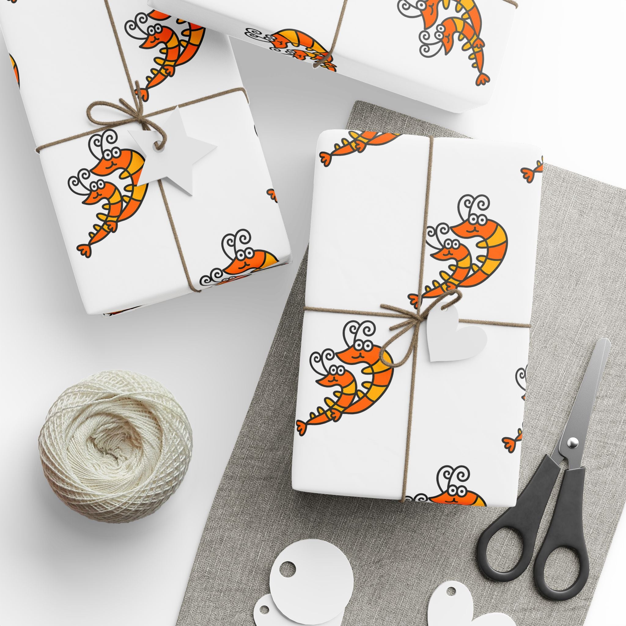 Hand-Drawn Orange Shrimp Ocean Pattern Wrapping Paper | Repeating Coastal Shrimp Illustration