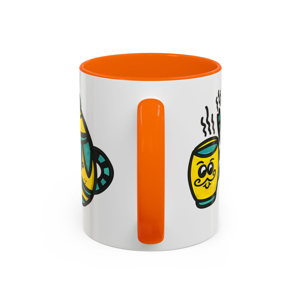 Hand-Drawn Yellow and Teal Mustache Teapot and Smiling Cup Mug | Accent Coffee Mug