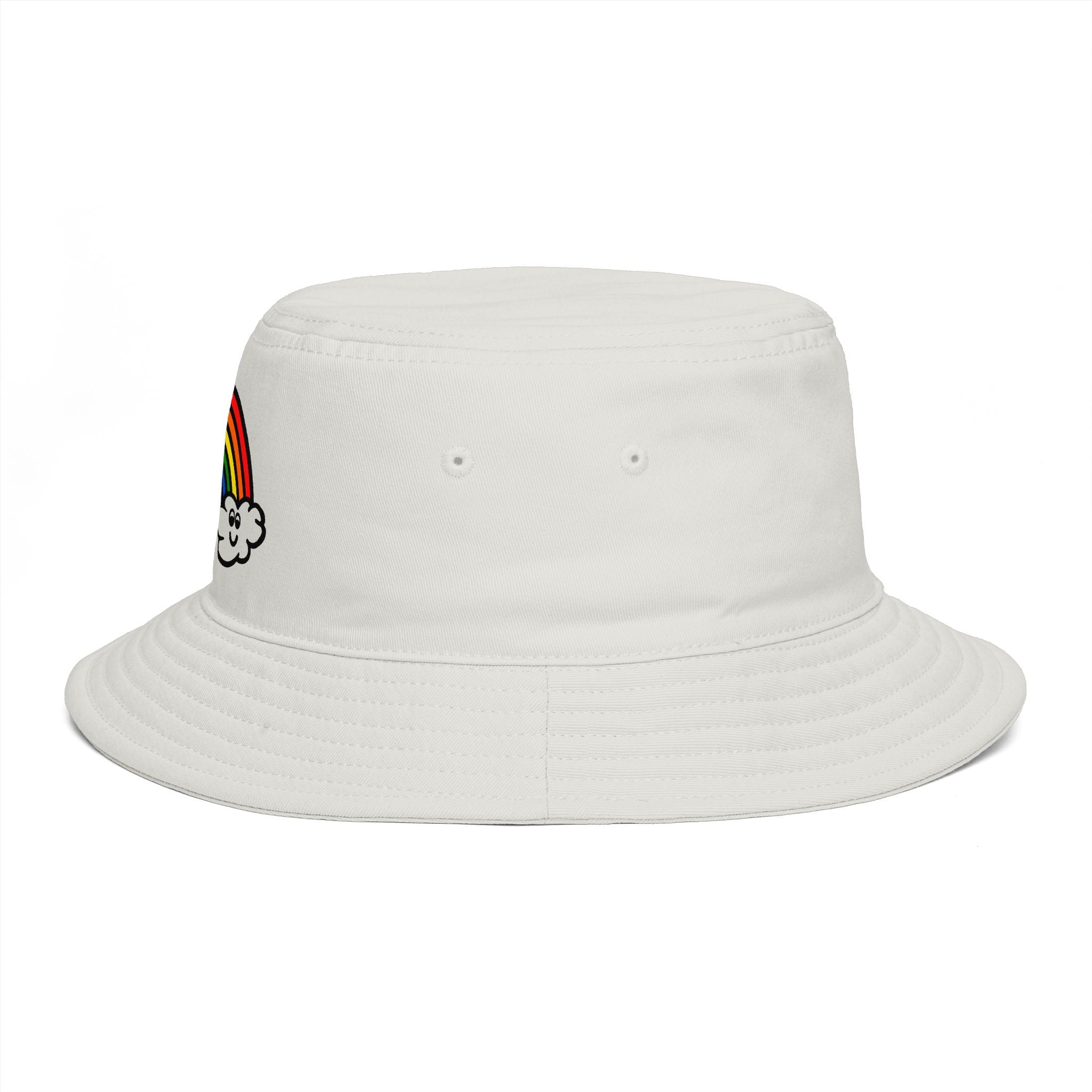 Hand-Drawn Smiling Rainbow with Clouds Bucket Hat | Cute Rainbow Design