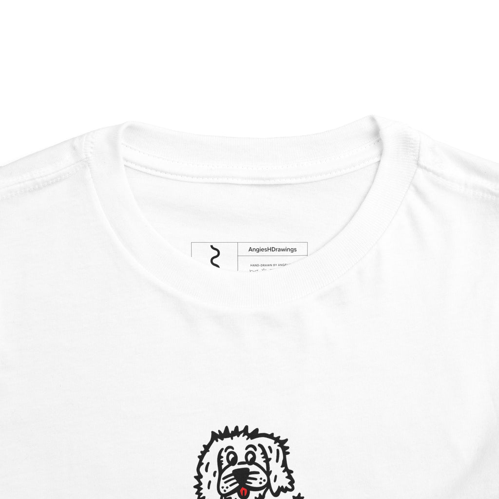 Hand-Drawn Fluffy Dog Red Collar Toddler Tee | White Dog Illustration