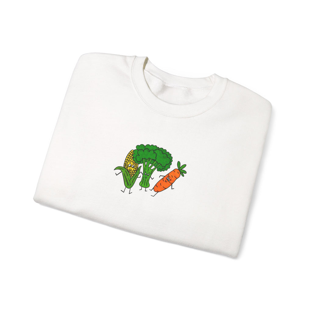 Hand-Drawn Broccoli, Corn, and Carrot Veggie Friends Sweatshirt | Cute Vegetable Illustration