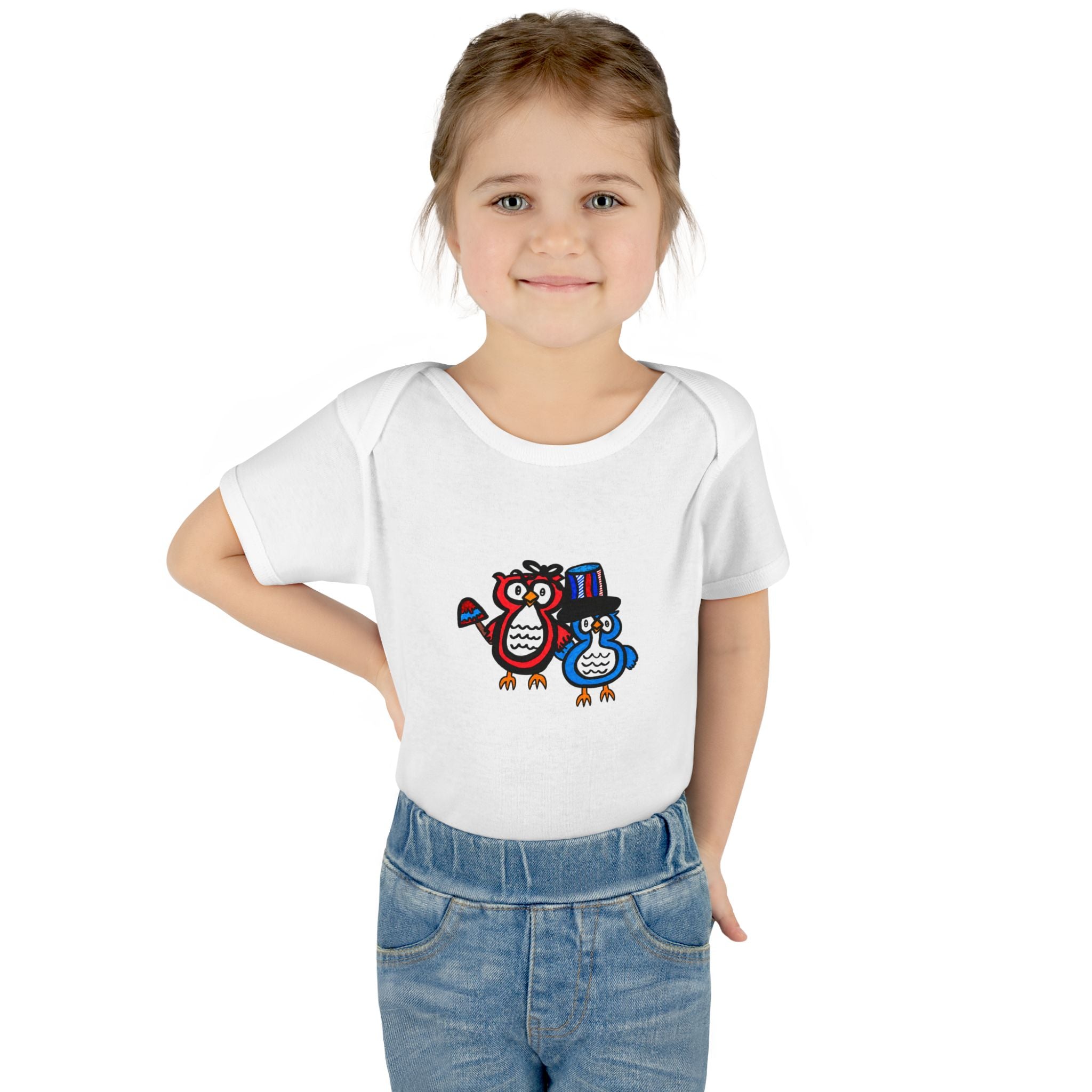 Hand-Drawn Patriotic Owls Infant Bodysuit | Red White Blue July 4th