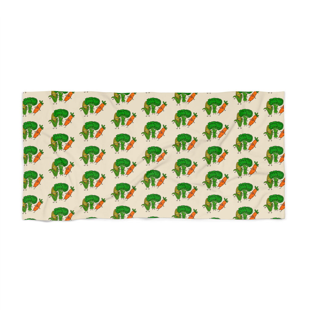 Hand-Drawn Smiling Broccoli, Corn, and Carrot Pattern Beach Towel | Green Veggie Repeat Print