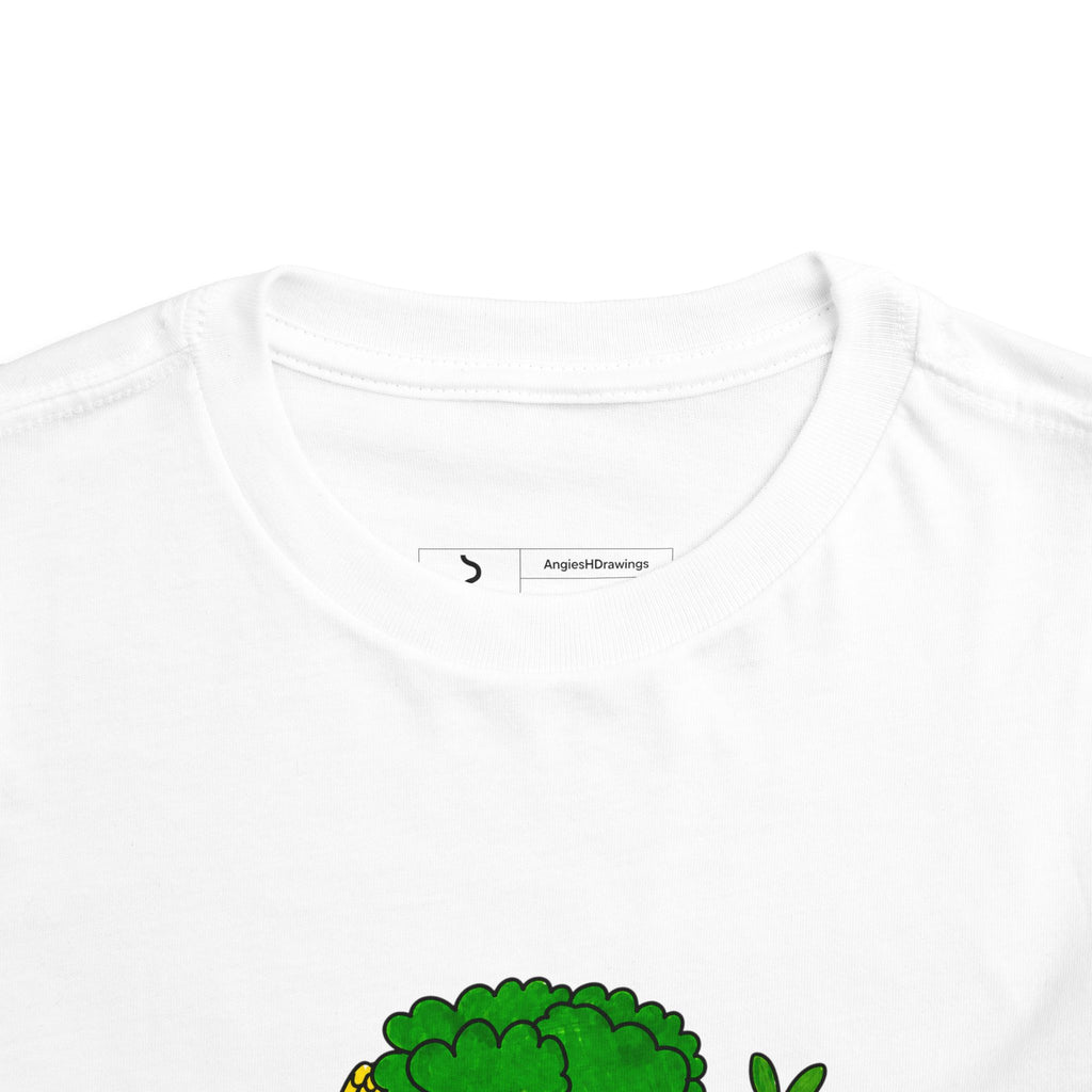 Hand-Drawn Happy Veggies trio Toddler Tee | Corn Broccoli Carrot kids shirt