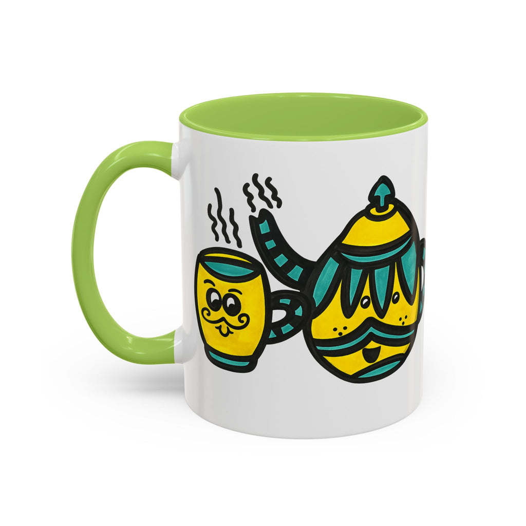 Hand-Drawn Yellow and Teal Mustache Teapot and Smiling Cup Mug | Accent Coffee Mug