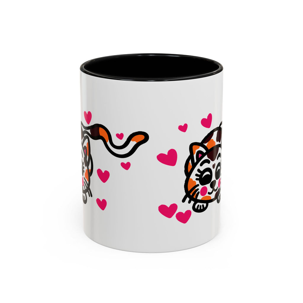 Hand-Drawn Calico Cat with Pink Hearts Mug | Accent Coffee Mug 11oz 15oz
