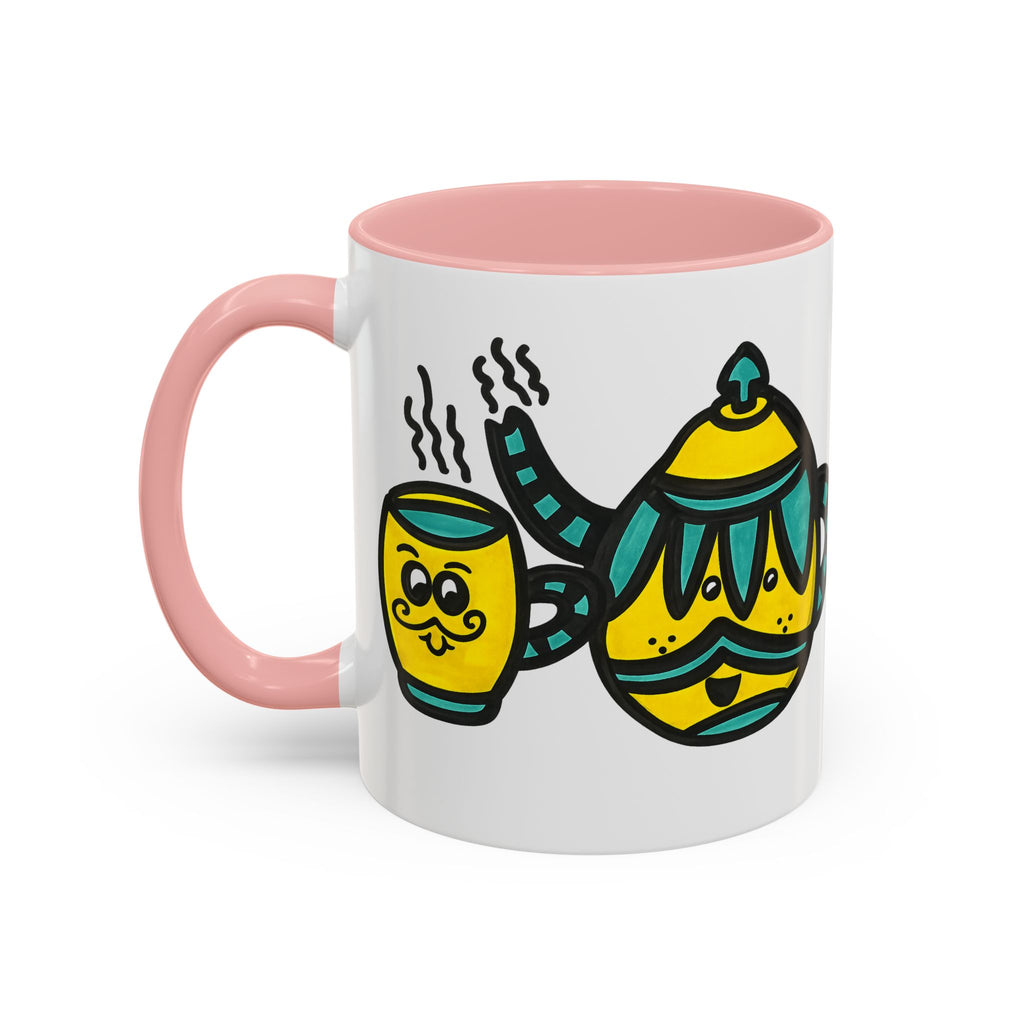 Hand-Drawn Yellow and Teal Mustache Teapot and Smiling Cup Mug | Accent Coffee Mug