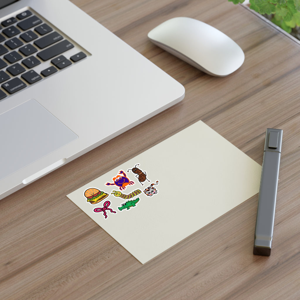Cute Cartoon Food & Animal Sticker Sheet | Burger Crab Ant Bow Alligator Caterpillar Cat