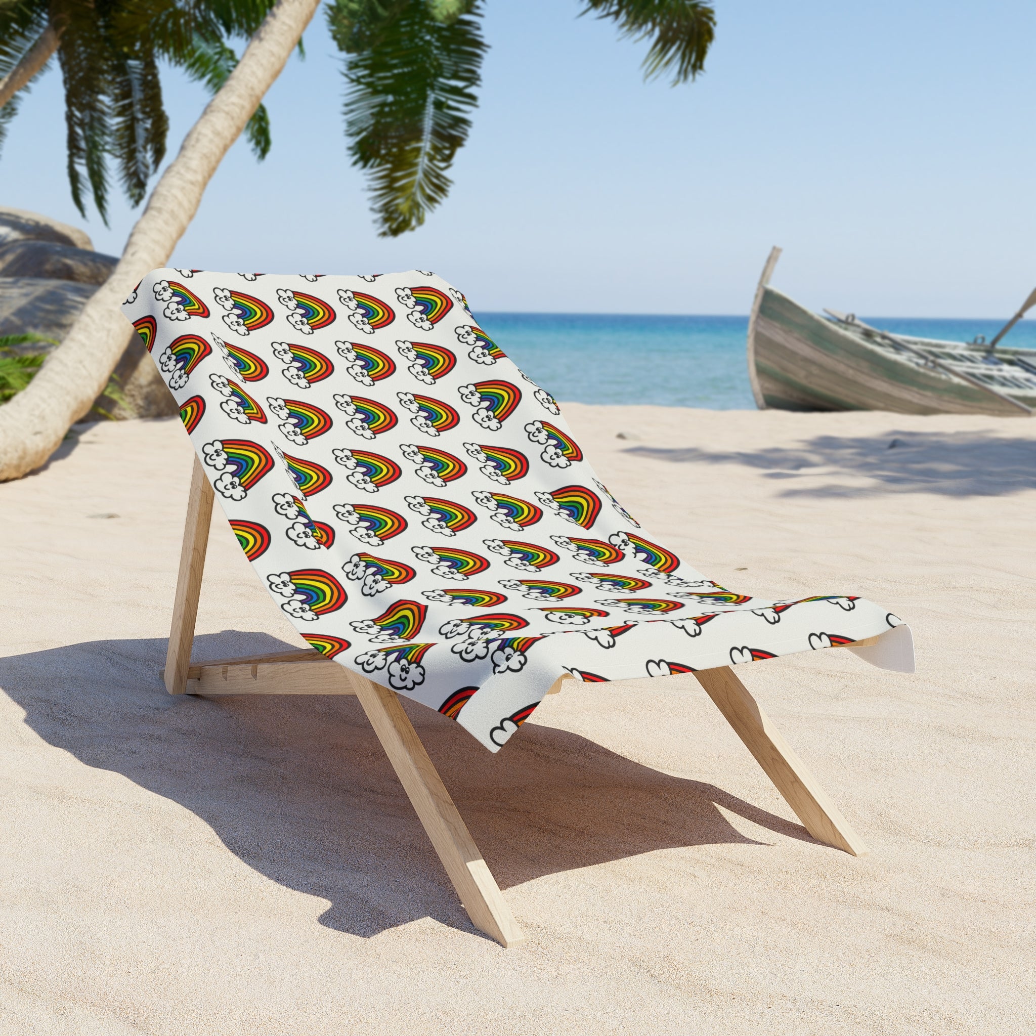 Hand-Drawn Retro Rainbow Pattern Beach Towel | Cute Clouds, Colorful Arches