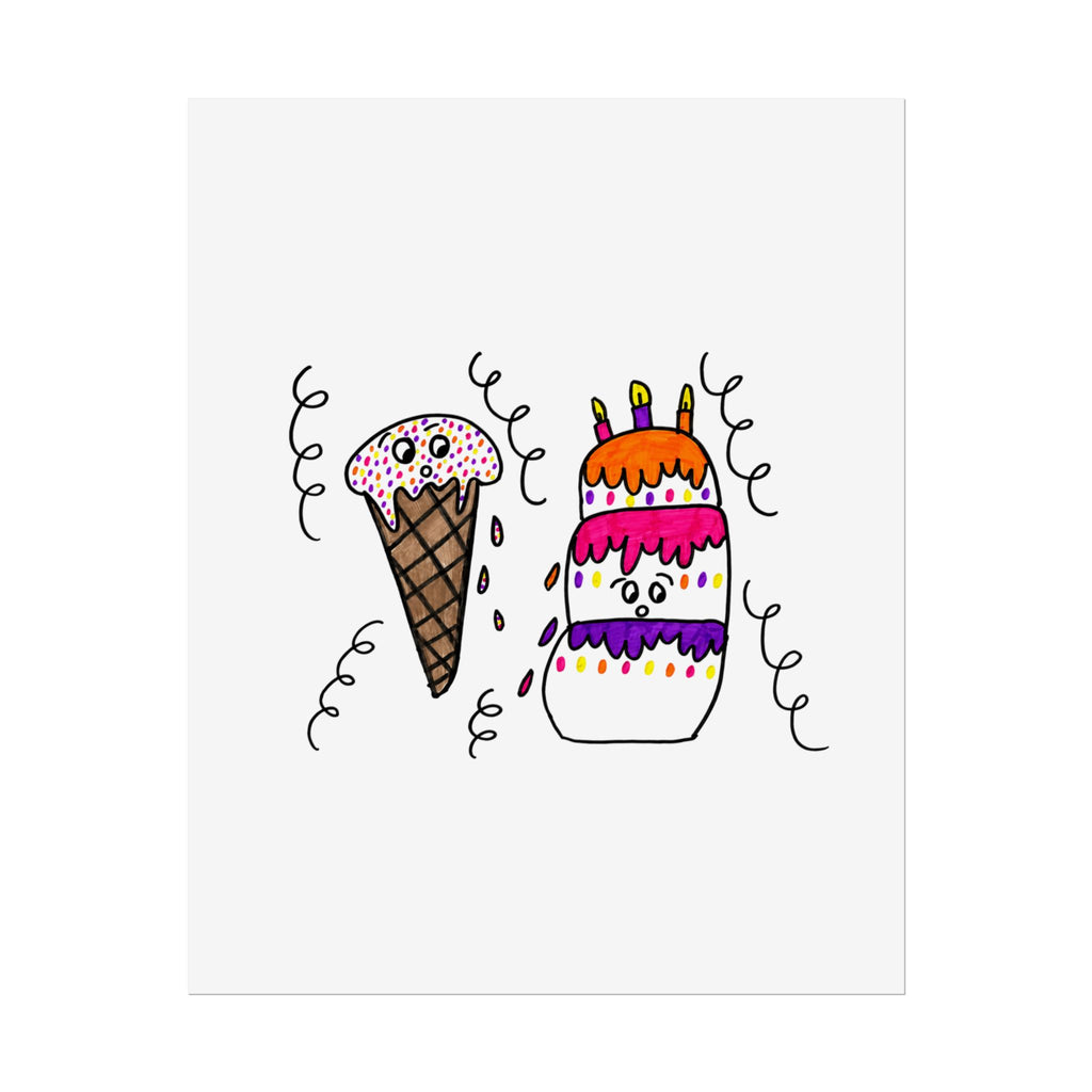 Hand-Drawn Ice Cream Cone and Birthday Cake Poster | Rolled Poster, Cute Dessert Art