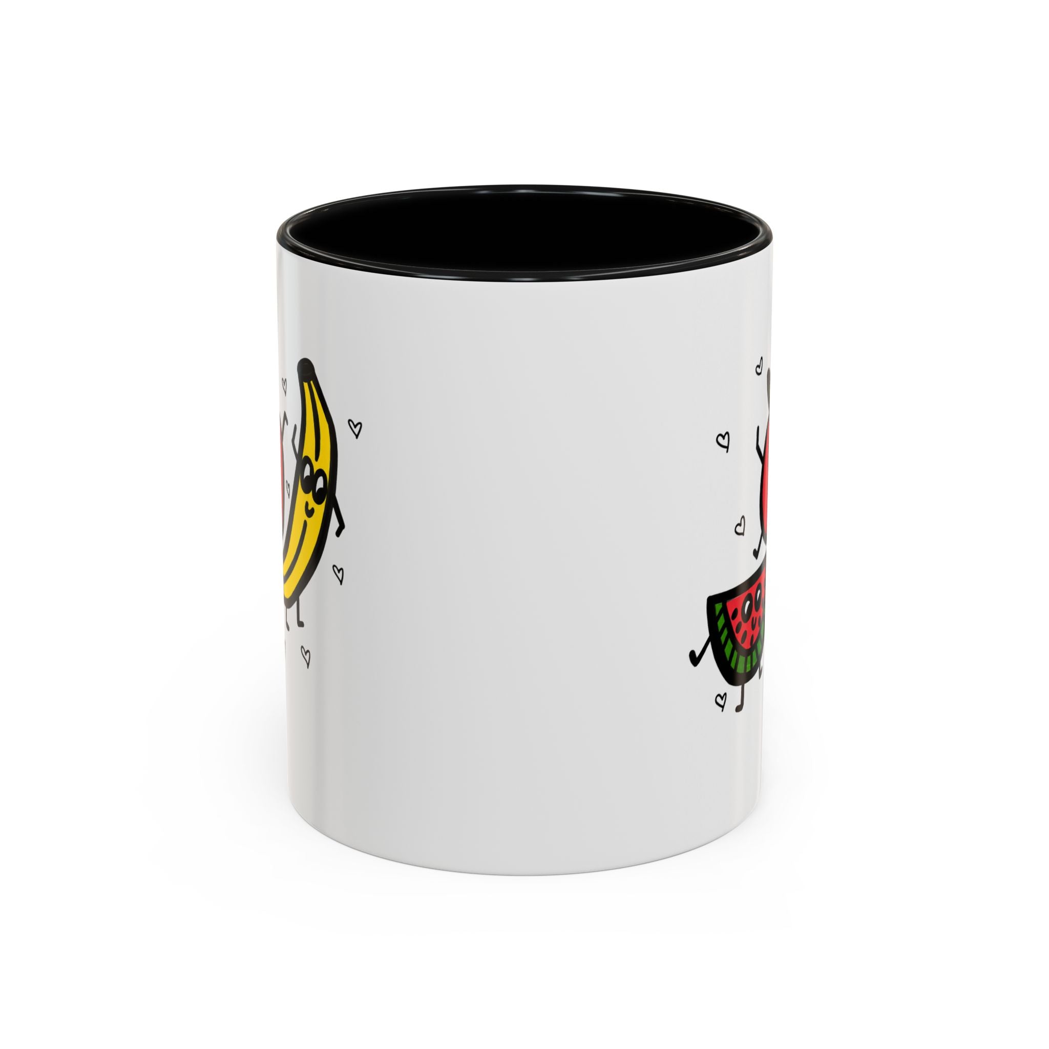 Hand-Drawn Smiling Banana Apple Watermelon Mug | Cute Fruit Faces Coffee Cup