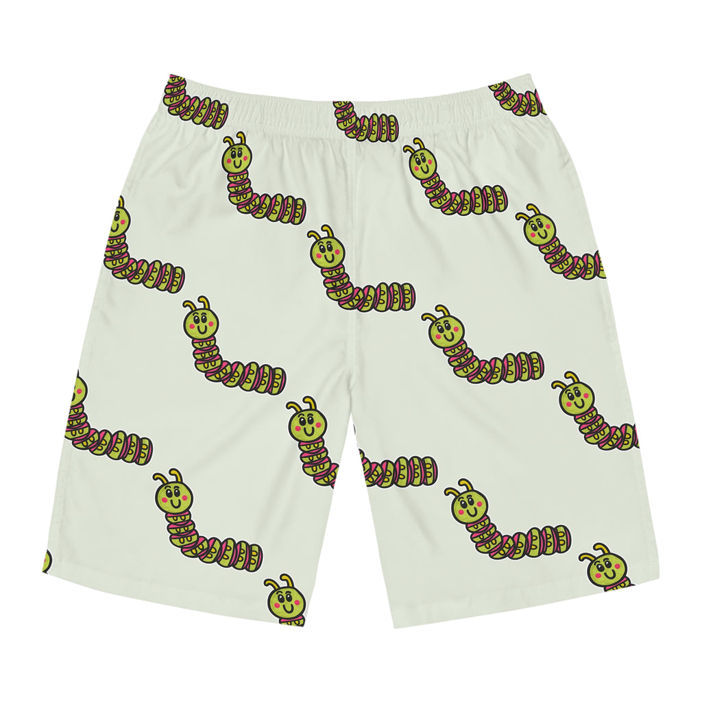 Hand-Drawn Cute Cartoon Caterpillar Board Shorts | All-Over Print Swim Trunks