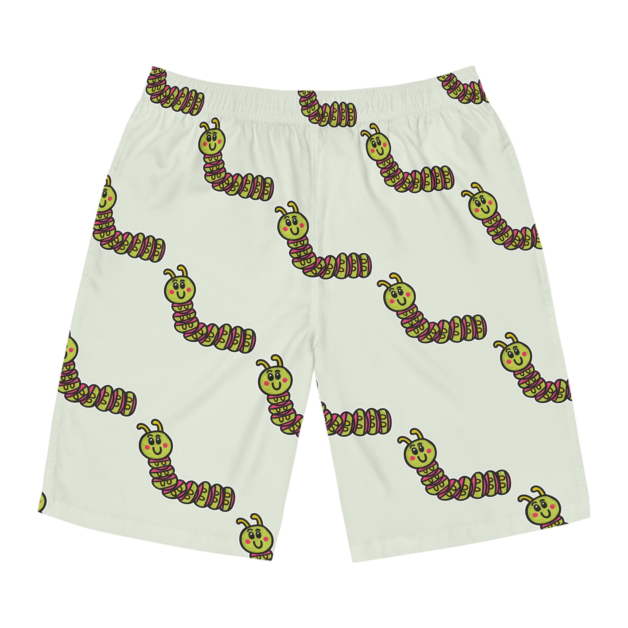 Hand-Drawn Cute Cartoon Caterpillar Board Shorts | All-Over Print Swim Trunks