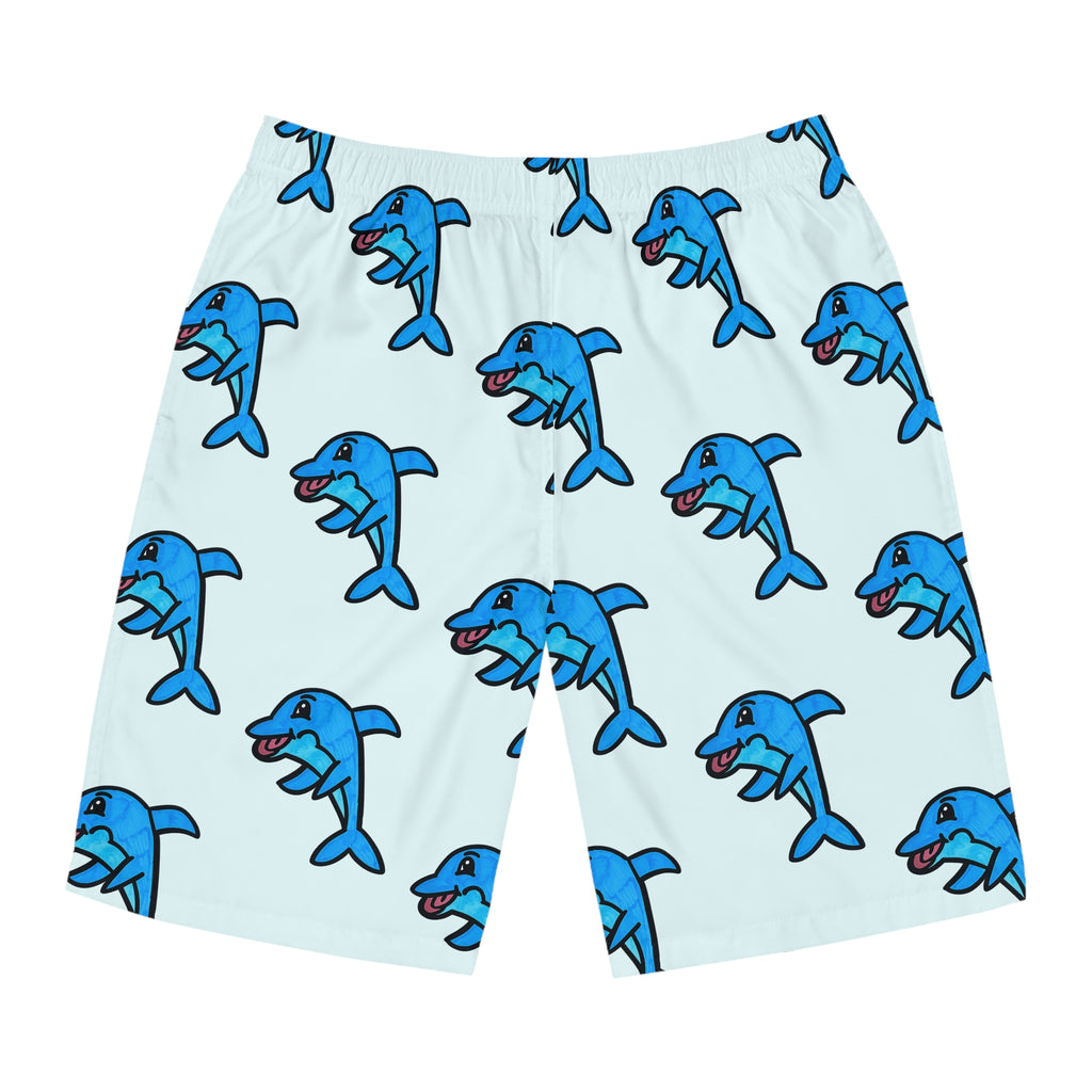 Hand-Drawn Cartoon Blue Dolphin Board Shorts | All-Over Print Swim Trunks