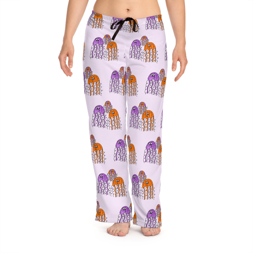 Hand-Drawn Jellyfish Pattern Pajama Pants | Purple Orange Ocean Allover Print