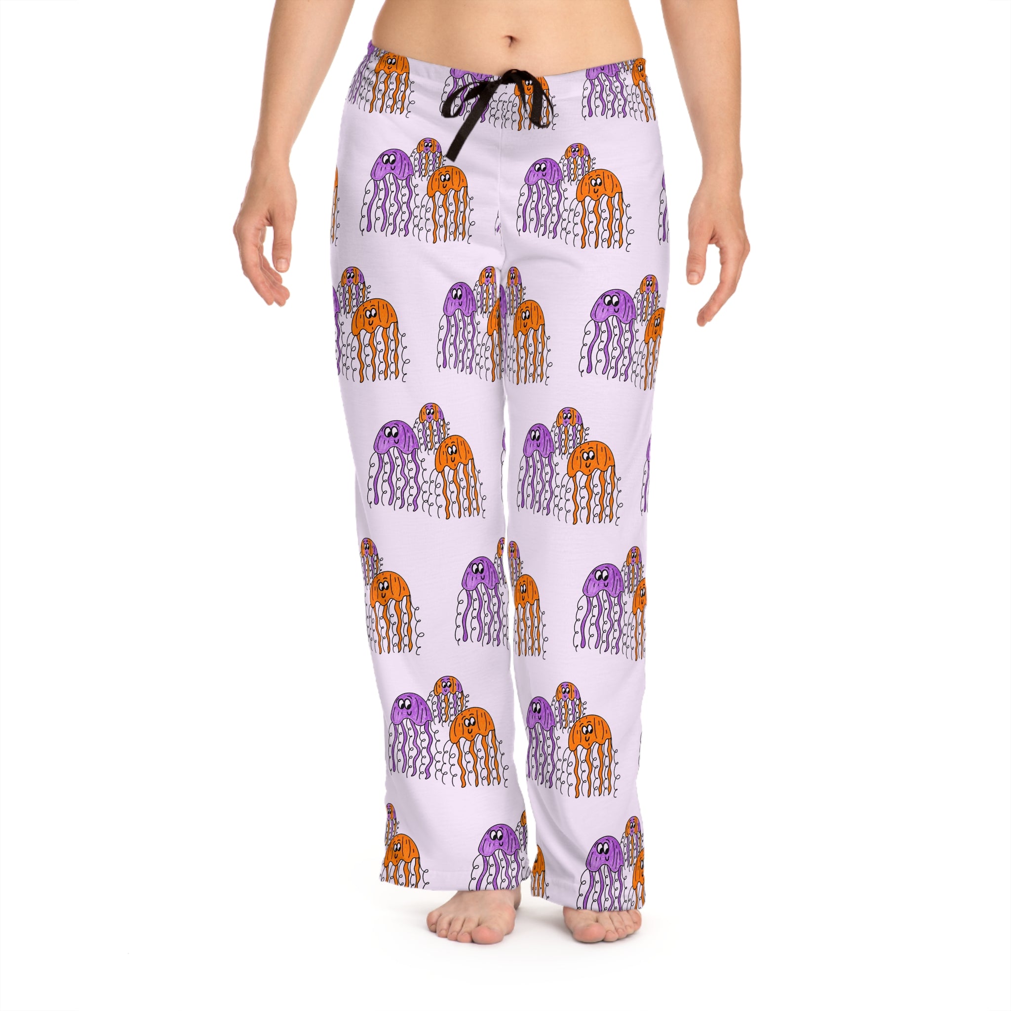 Hand-Drawn Jellyfish Pattern Pajama Pants | Purple Orange Ocean Allover Print