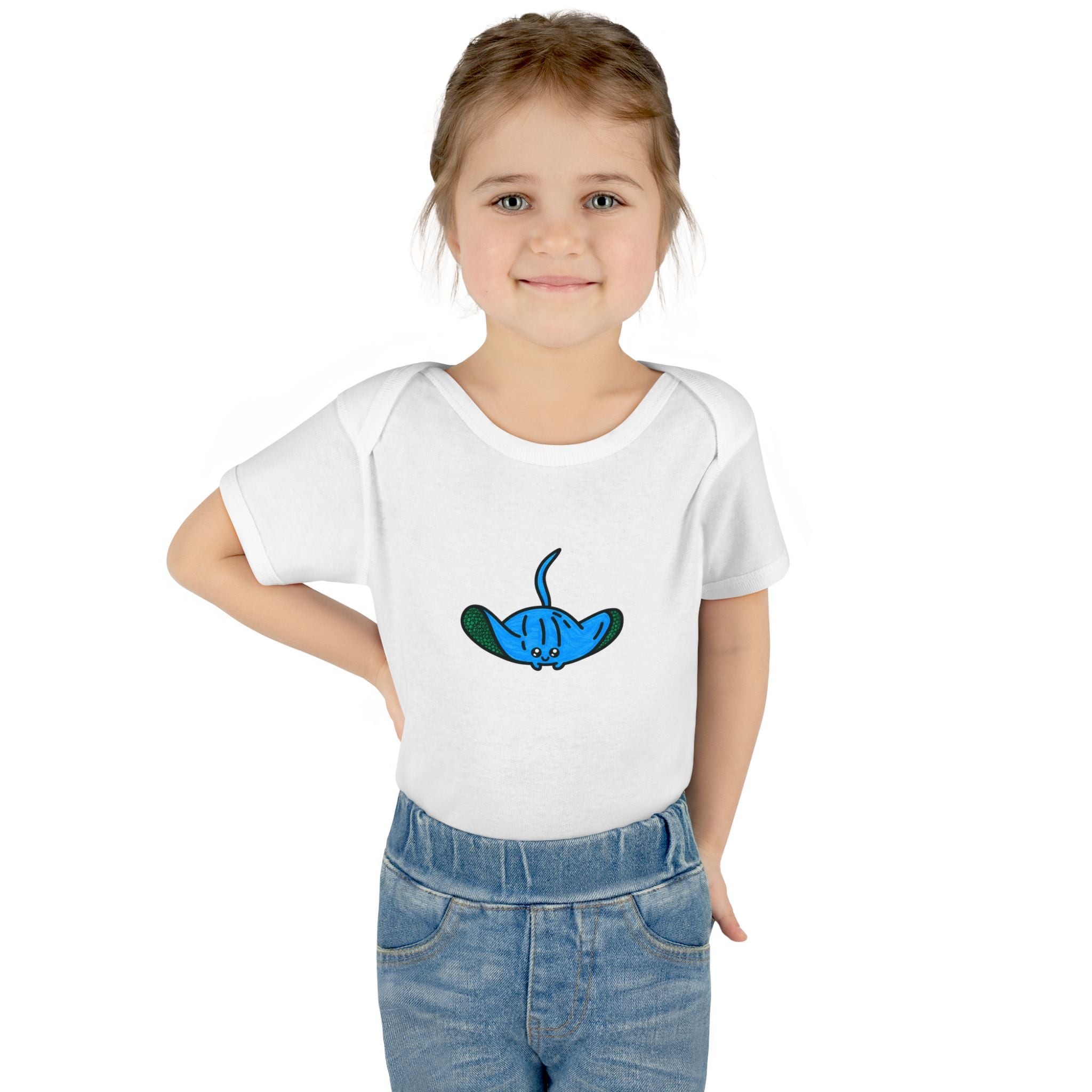Hand-Drawn Blue Cartoon Stingray Infant Bodysuit | Cute Sea Animal Baby Onesie